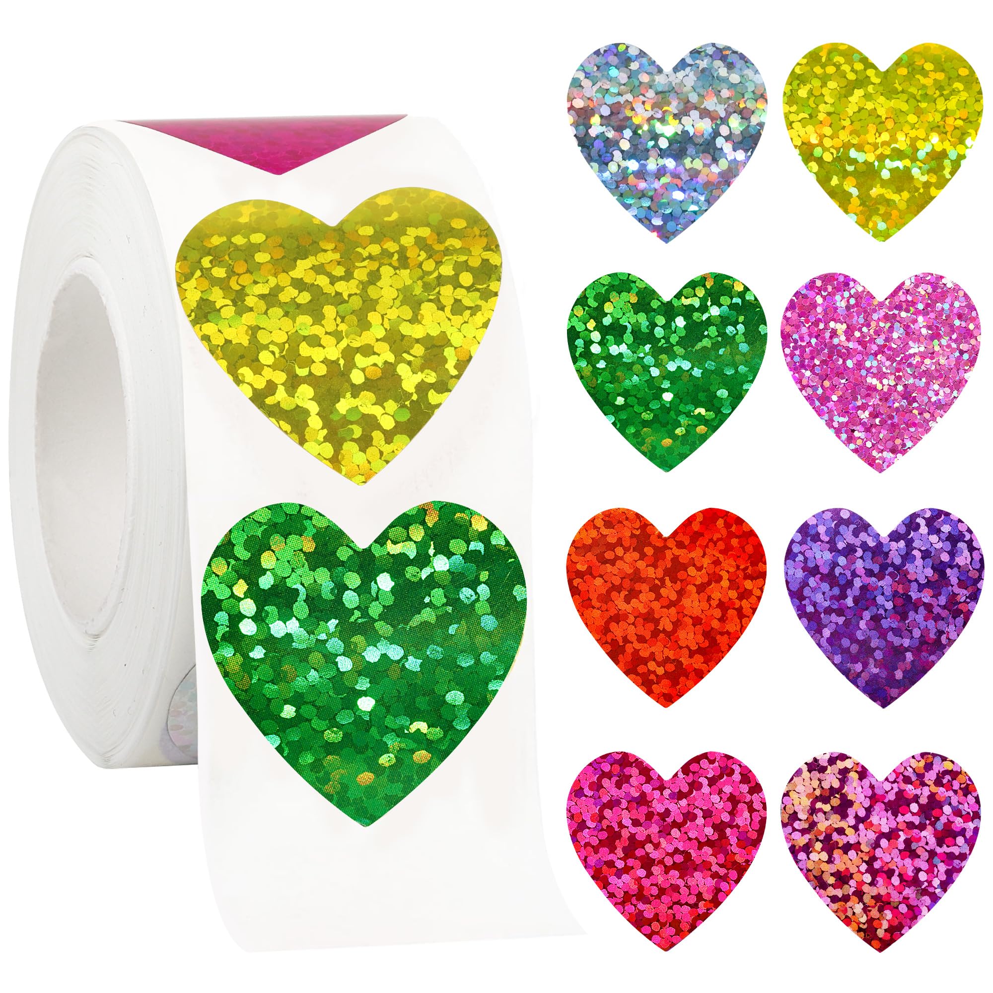 Photo 1 of 1 Inch Glitter Heart Stickers - 500Pcs Foil Colorful Heart Shaped Stickers Roll for Kids Reward Classroom Supplies Self Adhesive Love Incentive Sticker for Envelope Seal Valentines Birthday Wedding