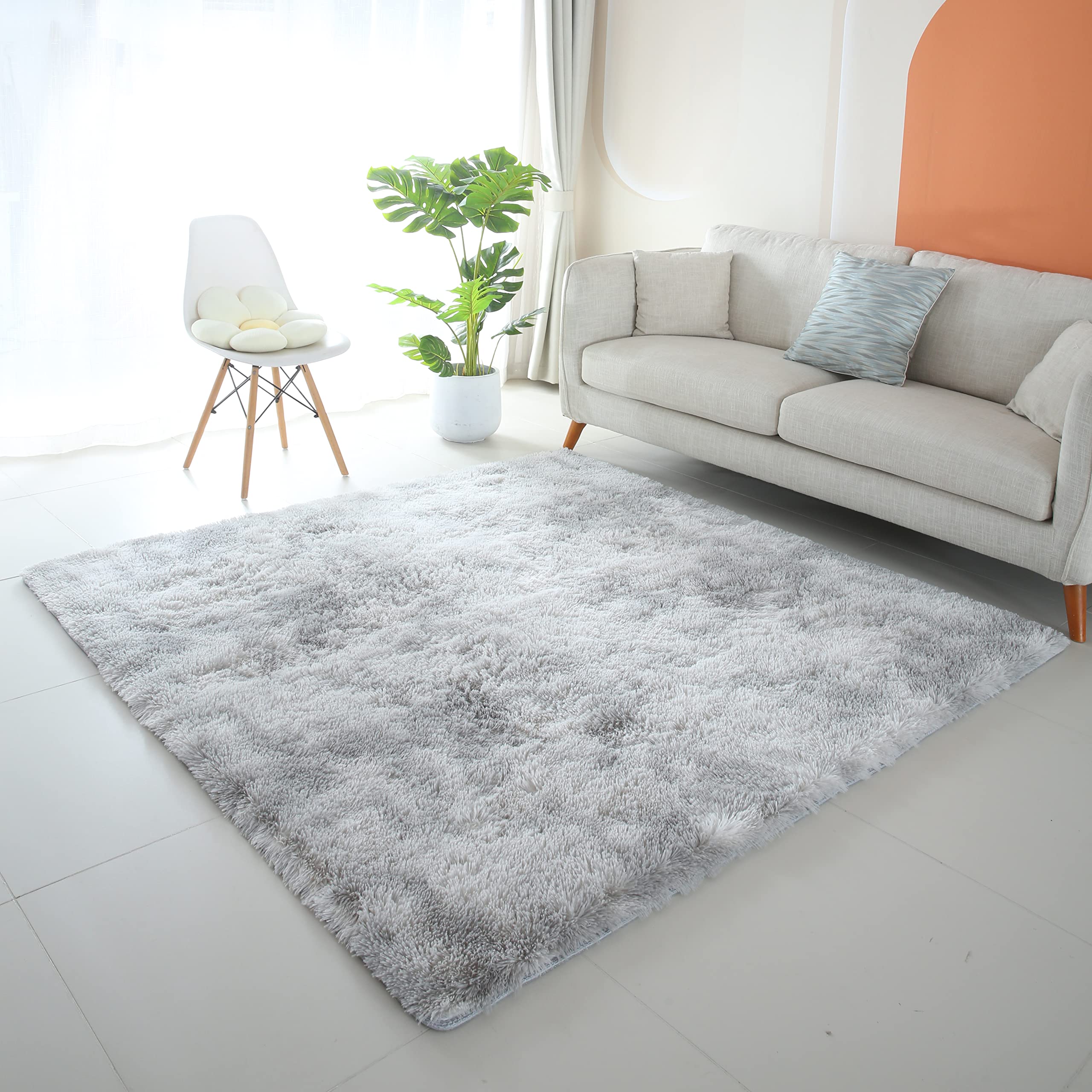 HOUSERAN Shag Area Rug 185x185cm Tie Dyed Grey, Plush Fluffy Fur Rug For Living Room, Square Carpet for Bedroom, Dorm Nursery Indoor