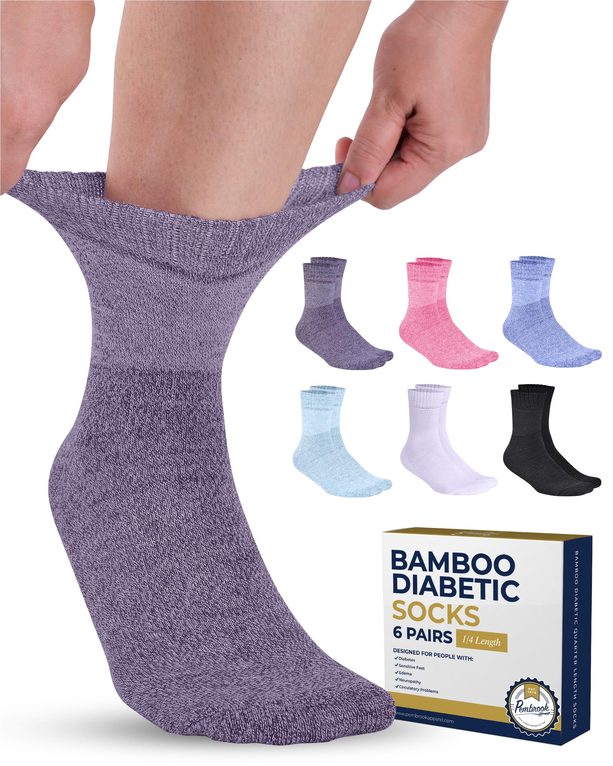 Pembrook Bamboo Viscose Diabetic Socks for Women & Men - 6 Pairs Ankle Socks for Swollen Feet | Neuropathy | Wide Calf | Edema