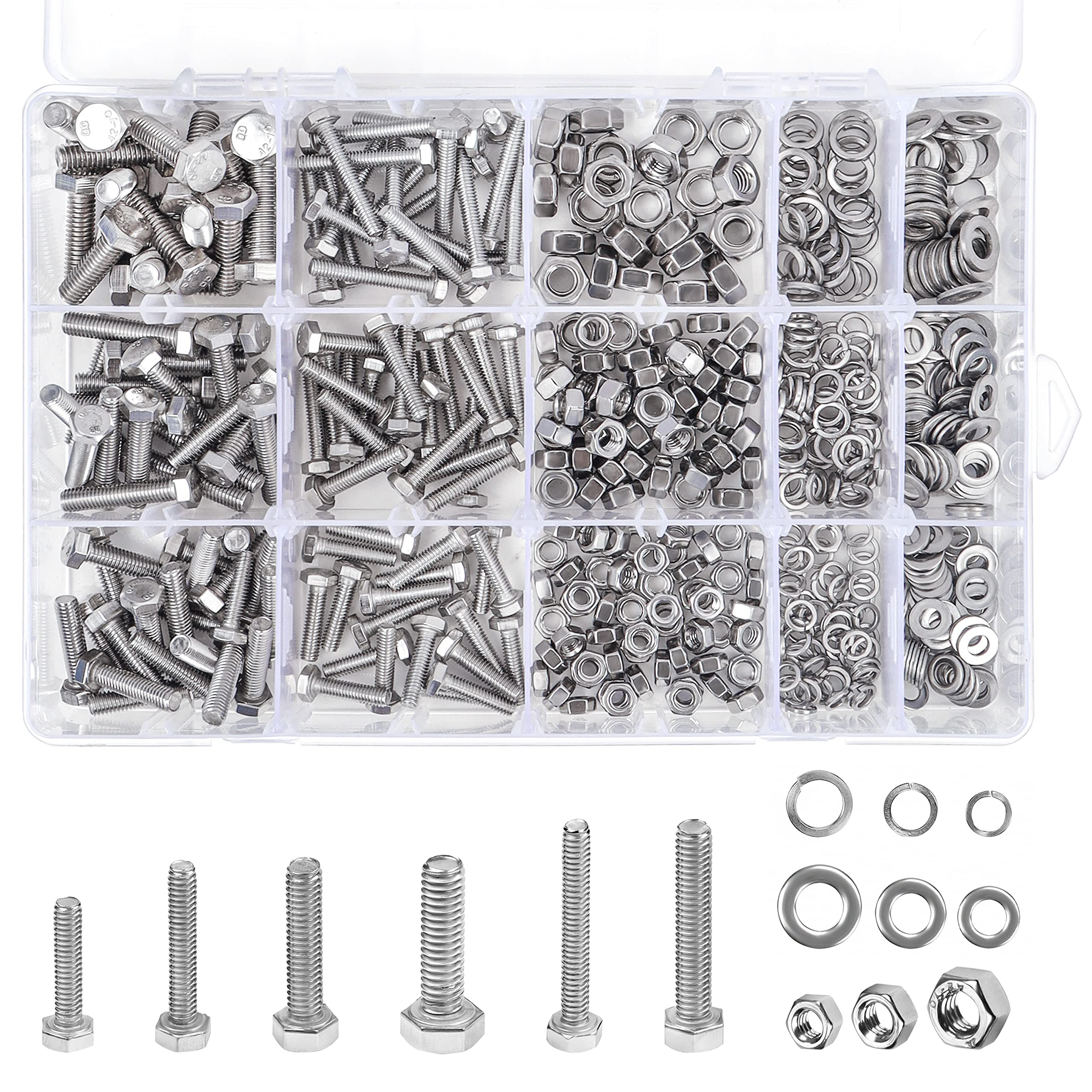 Belle Vous 510 Pcs Screws, Nuts & Washers Assortment Kit Flat Head Hex Bolts 304 Stainless Steel Screws M4 M5 M6 Flat Washers with Box