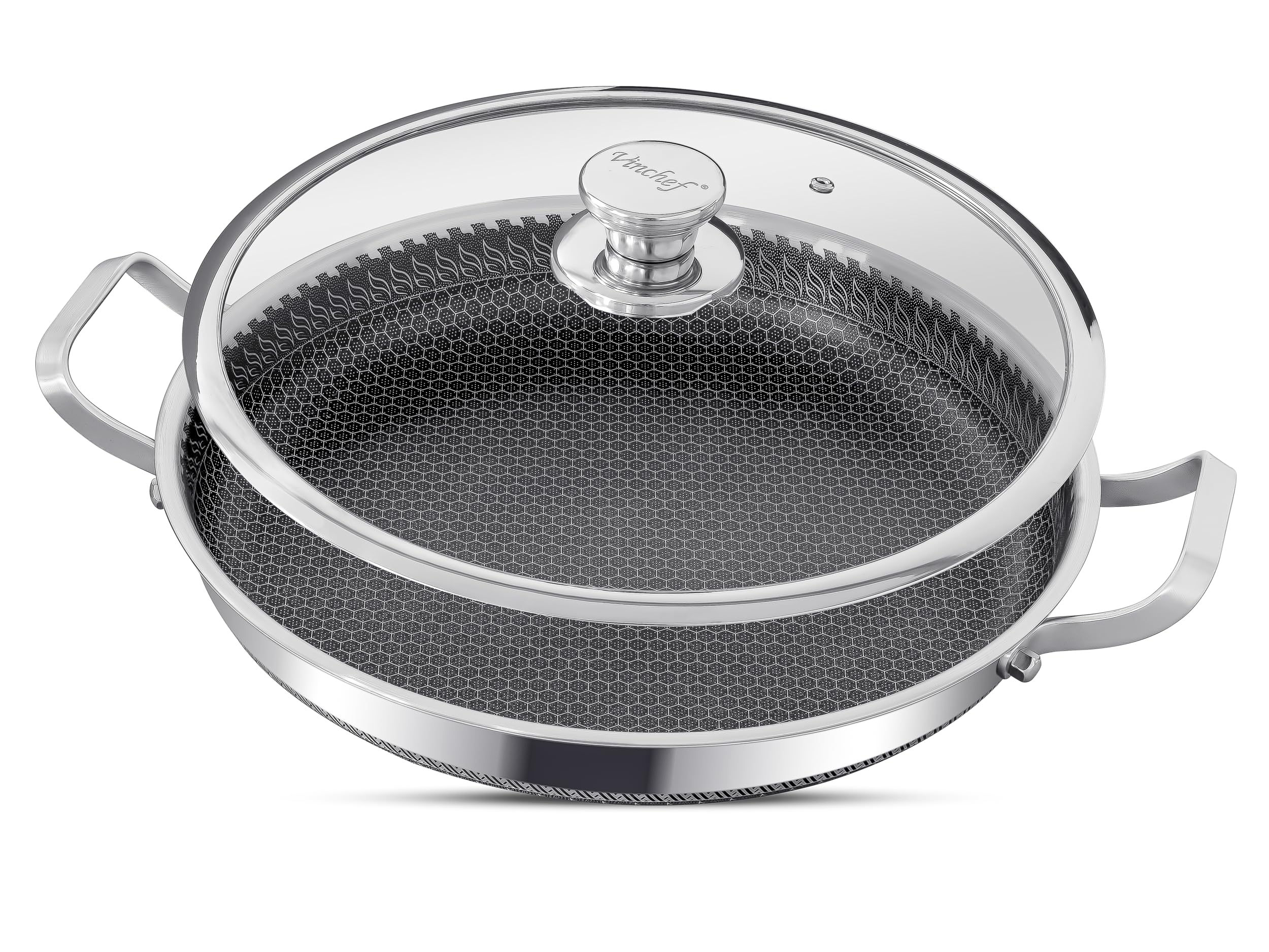 INTIGNIS Paella Pan & Large Frying Pan 32cm with Oven-Safe Glass Lid – Aluminium & Stainless Steel Skillet – Healthy Cooking, Even Heat, GREBLON® Shield Technology, All Hob Compatible