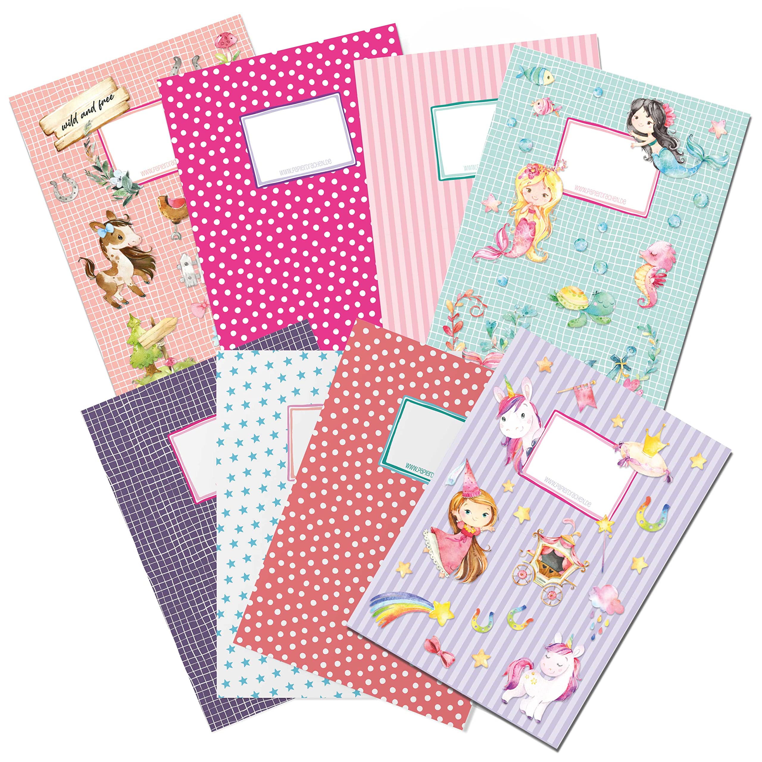 Papierdrachen 8 High-Quality Paper Notebook Covers for Children, DIN A4, Underwater and Unicorn Motif, Notebook Cover, 250 g/m², Set Number 4