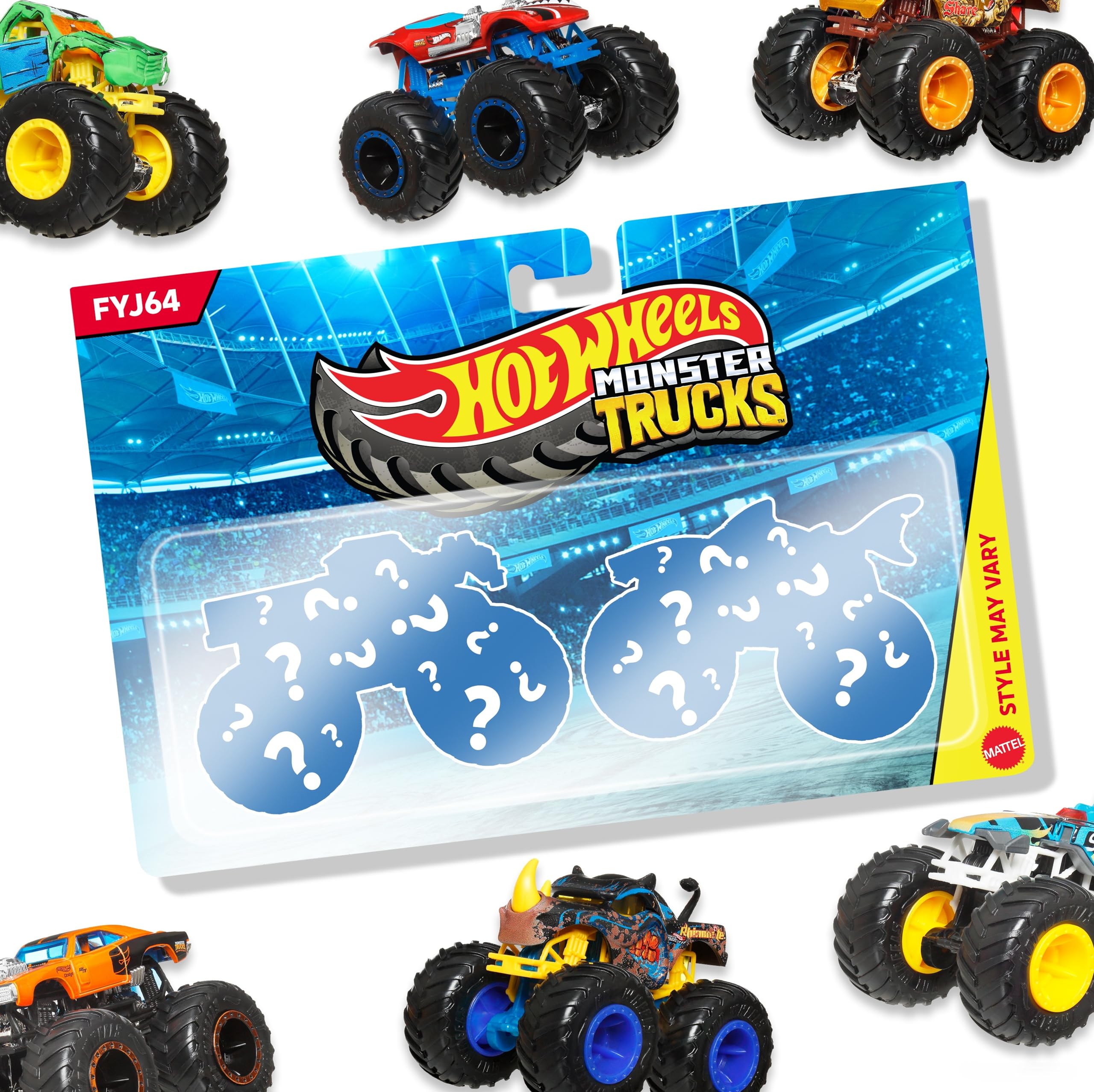 Hot Wheels Monster Trucks 2-Pack (Assorted Styles, One Random Set), Demolition Doubles Set of 2 Toy Vehicles in 1:64 Scale, For Kids & Collectors, FYJ64