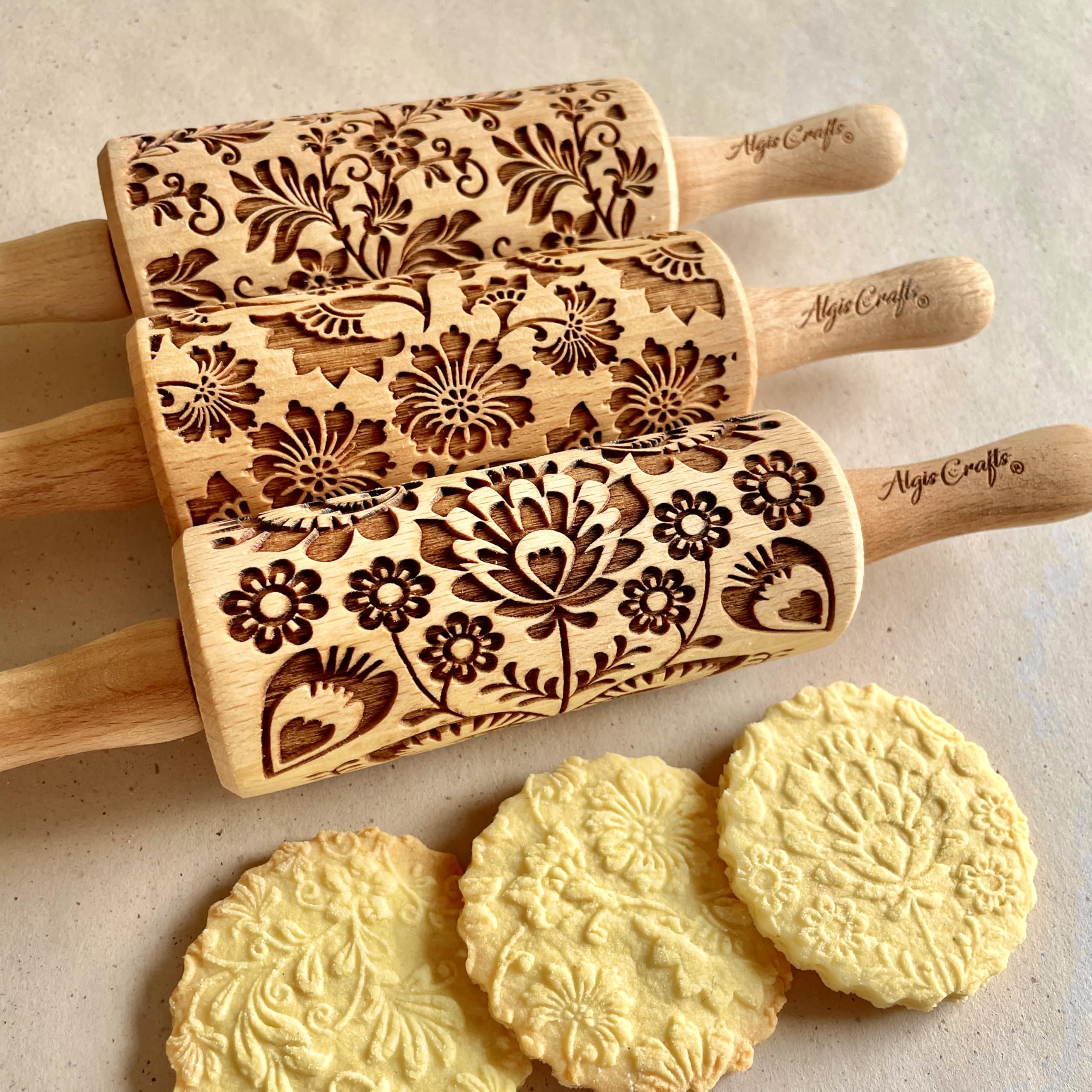 Flowers 3 Kid Rolling Pin Set with Damask, Folk and Floral Wreath Patterns. Wooden Laser Cut Mini Rolling Pins for Cookies, Play Dough, Salt Dough or Clay by Algis Crafts