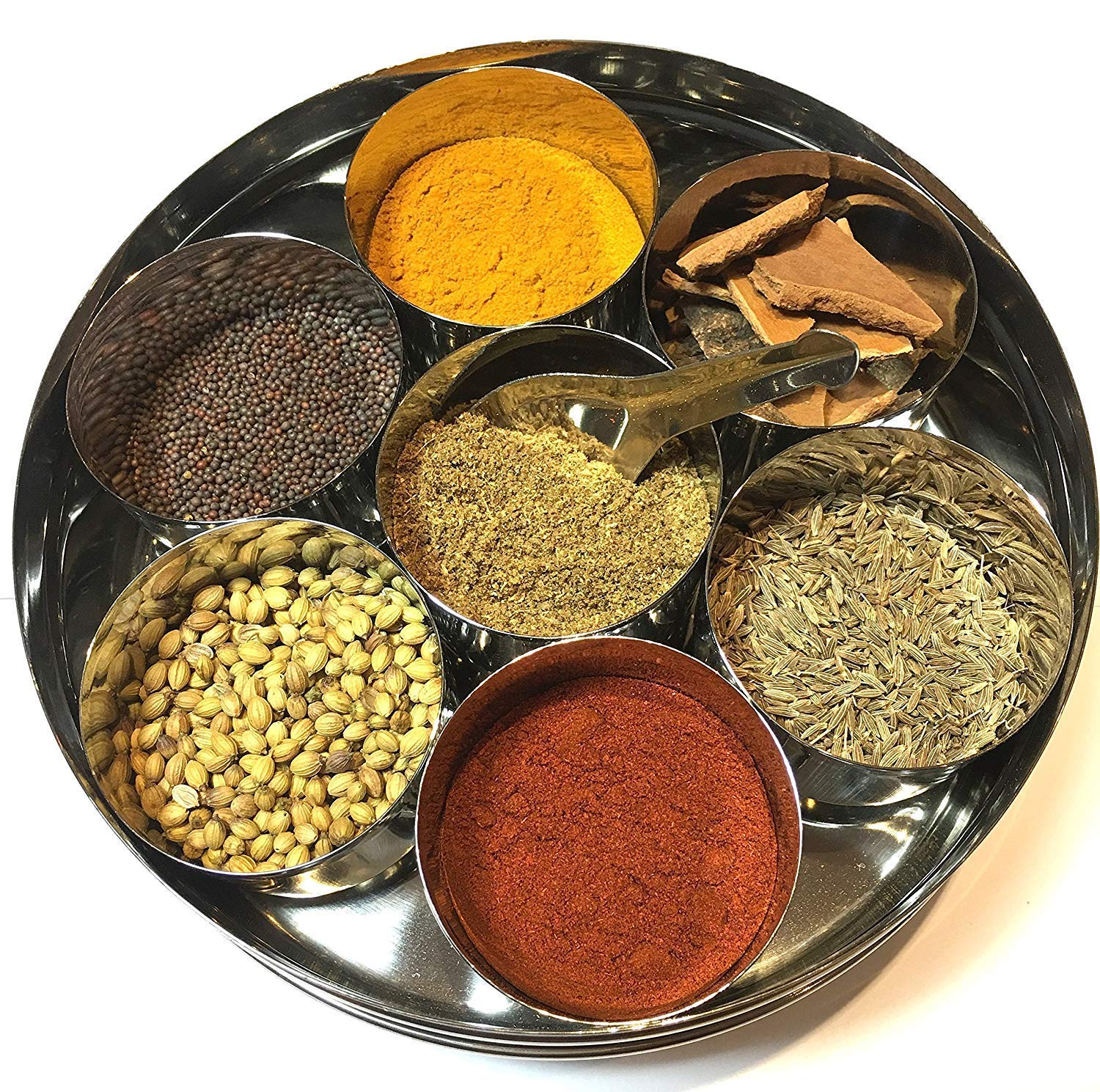 Photo 1 of IndiaBigShop Stainless Steel Round Spices Box Kitchen Masala Dabba - Spice Container - Masala Dabba - 7 Compartments with Spoon, Airtight 7 inch Storage Box.
