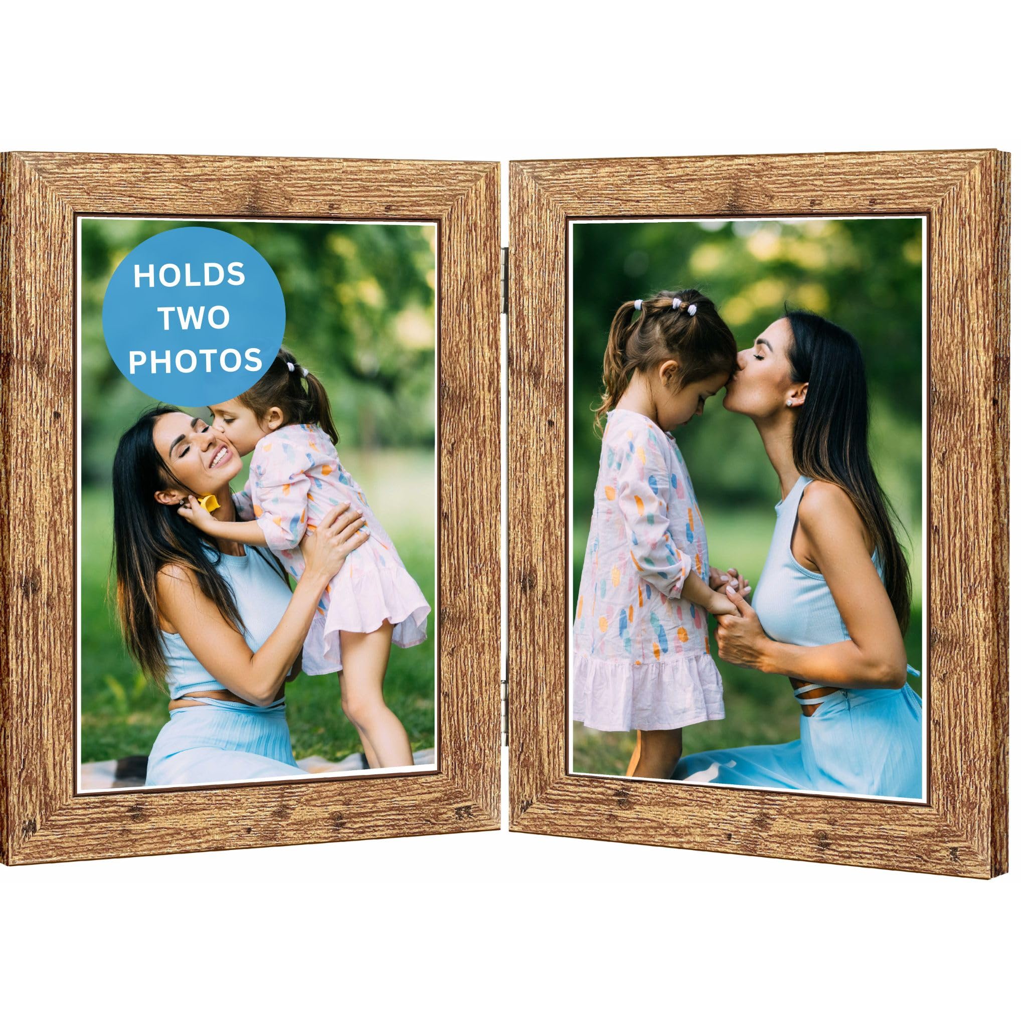 Double Photo Picture Frame 6 x 4, Ash, Holds 2 Photographs, Twin Hinged 6x4 10 x 15 cm Brown Frames 6x4 Photo Frames, 4x6 Photo Collage Gallery Display