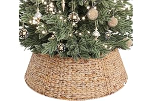 ELYKEN 33-Inch Woven Rattan Christmas Tree Collar, Stylish Hyacinth 6-Piece Tree Skirt for Artificial Trees, Wicker Tree Base Cover with Cord Cut-Out for Home Decor, Living Room Display, Natural