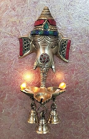 Artvarko Brass Ganesha Wall Hanging Multicolor Gemstone Handwork Puja Idol Oil Lamp Three Diyas and Bells 9.5 Inch Antique Style Home D