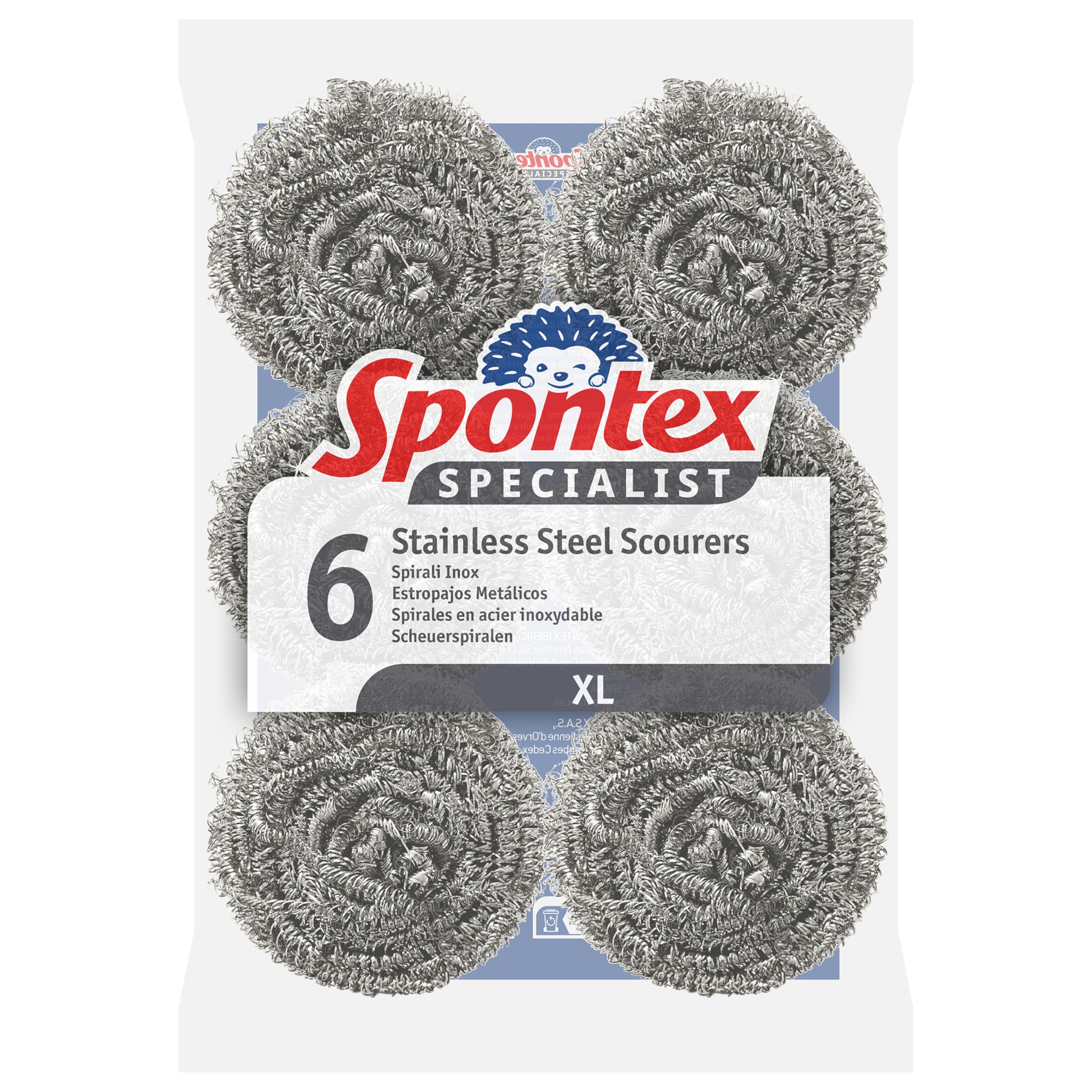 Spontex Specialist Stainless Steel Scourers | XL | Tough Metal Scourers for Professional Washing Up, Grease Removal and Dish Scrubbing | 6 Pack