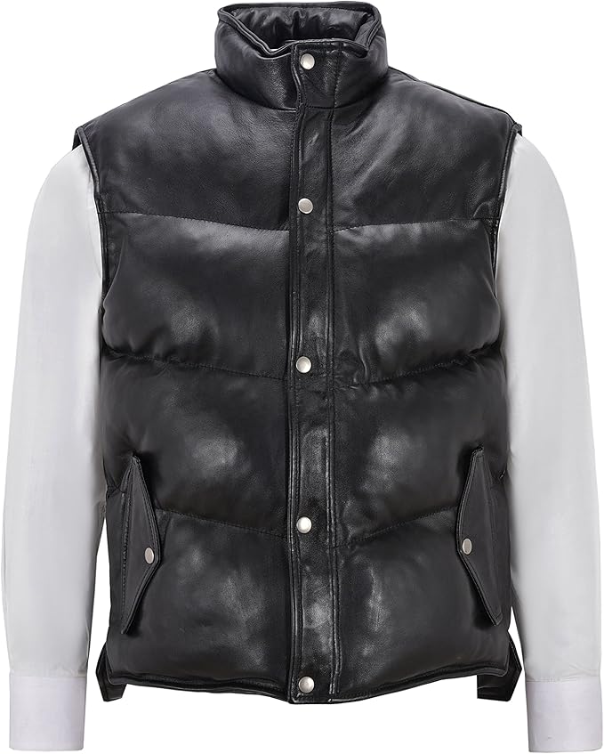 Men's Puffer Leather Waistcoat Padded Lambskin Leather Casual Vest Style at Amazon Men’s