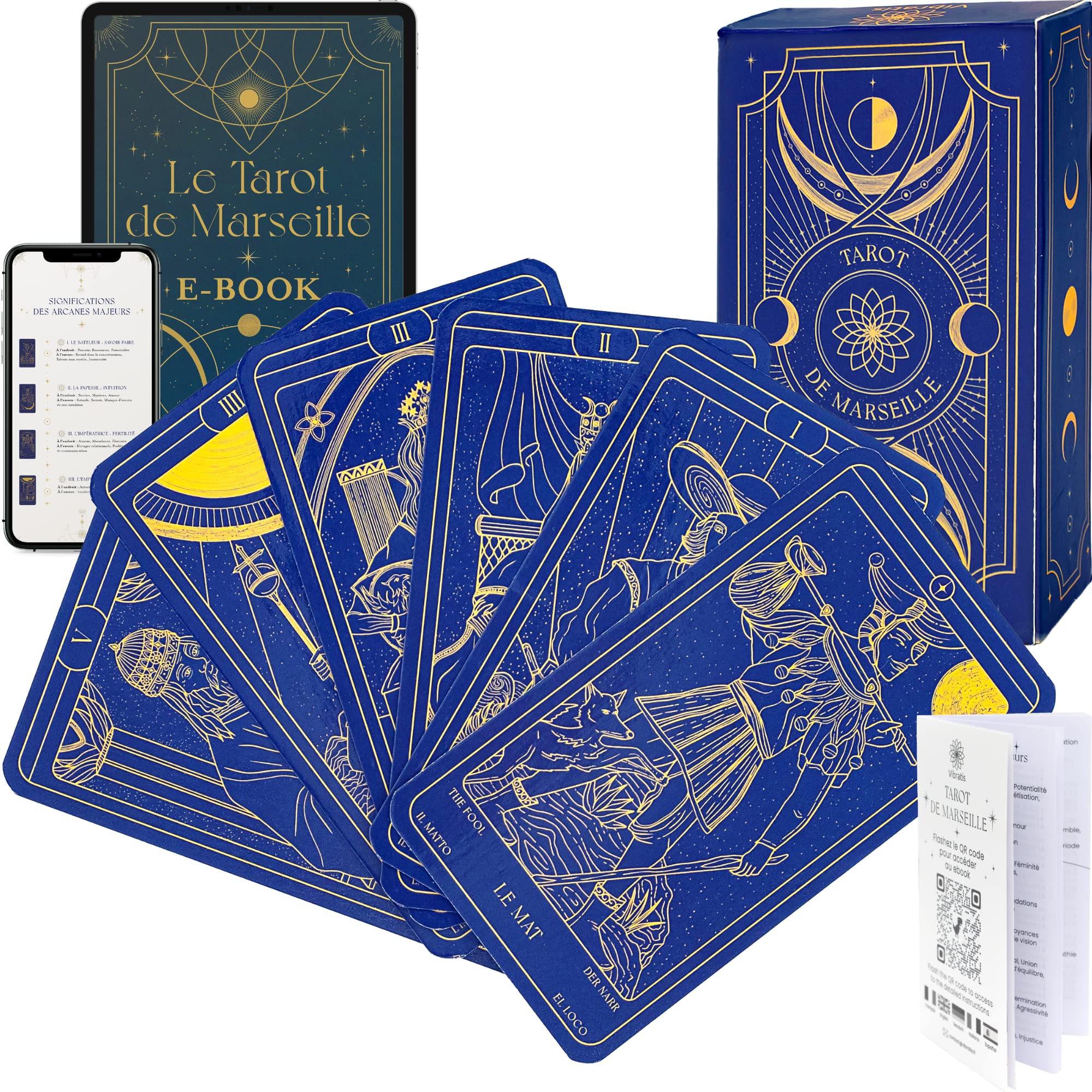 Vibratis Tarot of Marseille with Booklet and E-Book of 196 Pages, Divinatory Game in French for Beginners, Divination, Guidance and Psychology, Made in France