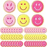 48 Pcs Happy Face Iron on Patches Self Adhesive Smile Face Patch Glitter Chenille Preppy Patches for Hats Backpacks Jackets Dress Clothes DIY Craft Decorative Embroidery