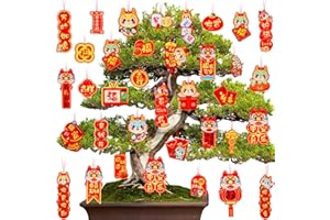 Geelin 56 Pcs Chinese New Year Decorations 2024 Lunar New Year Ornament Year of The Dragon Hanging Tree Decoration Fu Character Pendants with Red Ropes for Home Spring Car Tree Office Decor