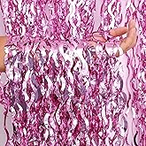 PIGETALE 2 Pack 3.2x6.5 Feet Wavy Pink Foil Fringe Backdrop Curtains, Tinsel Streamers Princess Party Decorations Photo Booth Props for Birthday Baby Shower Bachelorette Euphoria Theme Party Supplies