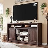 Farmhouse TV Stand for Living Room, Entertainment Center with Storage, Walnut TV Console for Bedroom, Media Storage Cabinet with Sliding Barn Doors & Adjustable Shelves, Fits 80 Inch TV, Rustic Wood