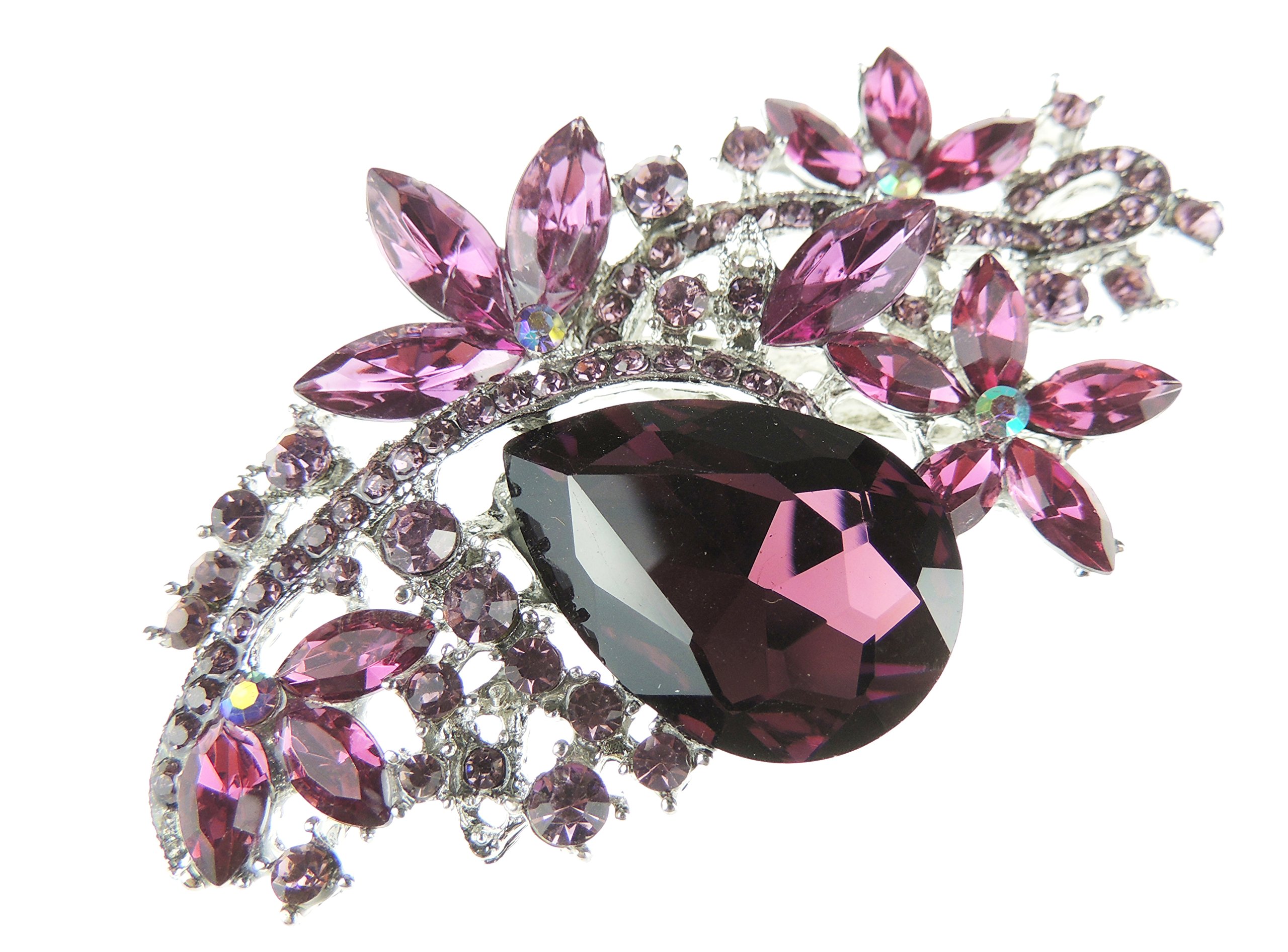 Sparkly Womens Bridal Wedding Christmas Birthday Scarf Gift Coat Jacket Mother Bride Groom Bride Diamante Crystal Brooch Corsage Pin LARGE Flower Floral Leaves Blossom Bouquet (Purple)