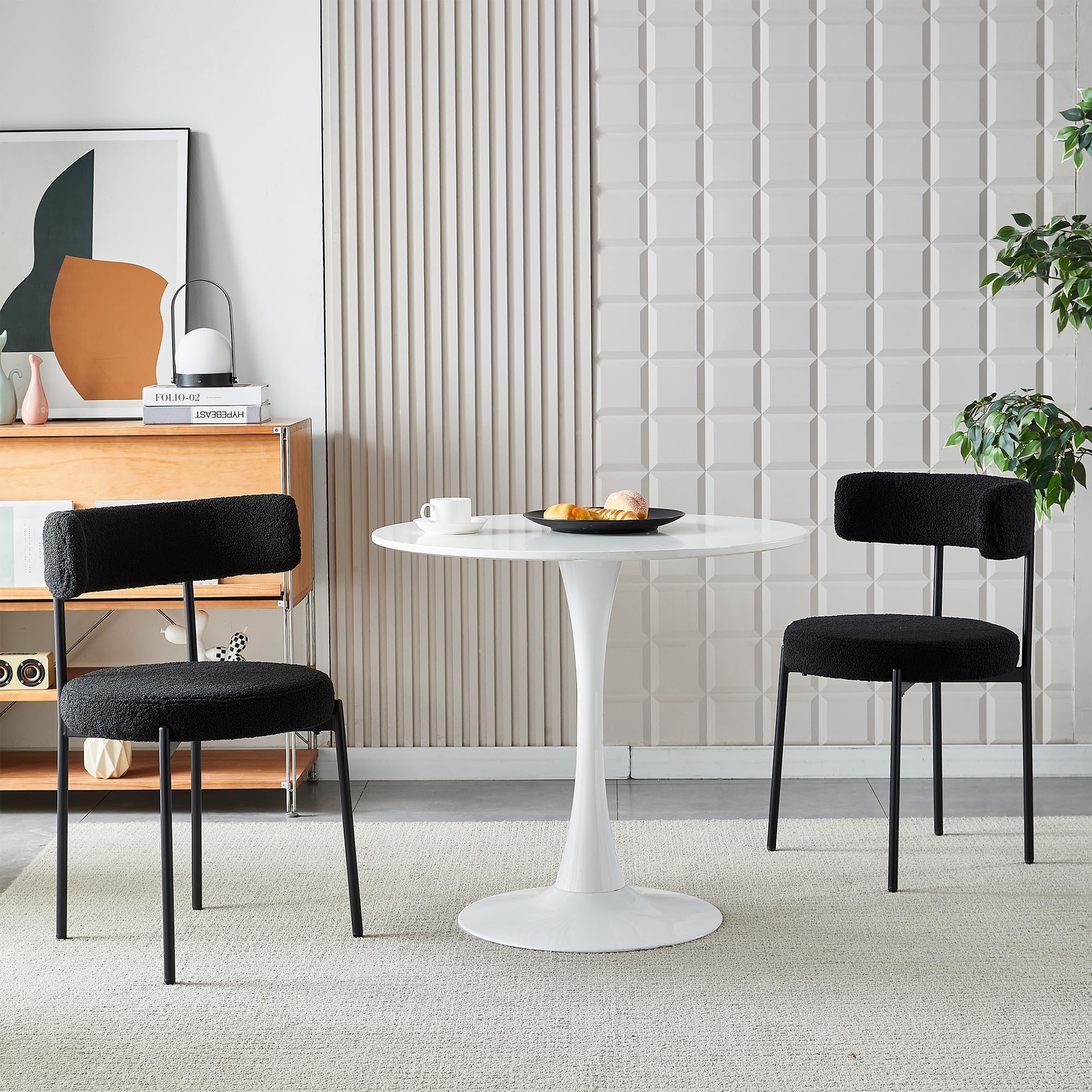 Photo 1 of (UNTESTED) Honyee Black Dining Chairs, Modern Dining Chairs Set of 2, Teddy Fleece Round Cushion Dining Room Chairs, Curved Backrest Dining Chairs with Black Metal Legs (Black, 2Pcs)