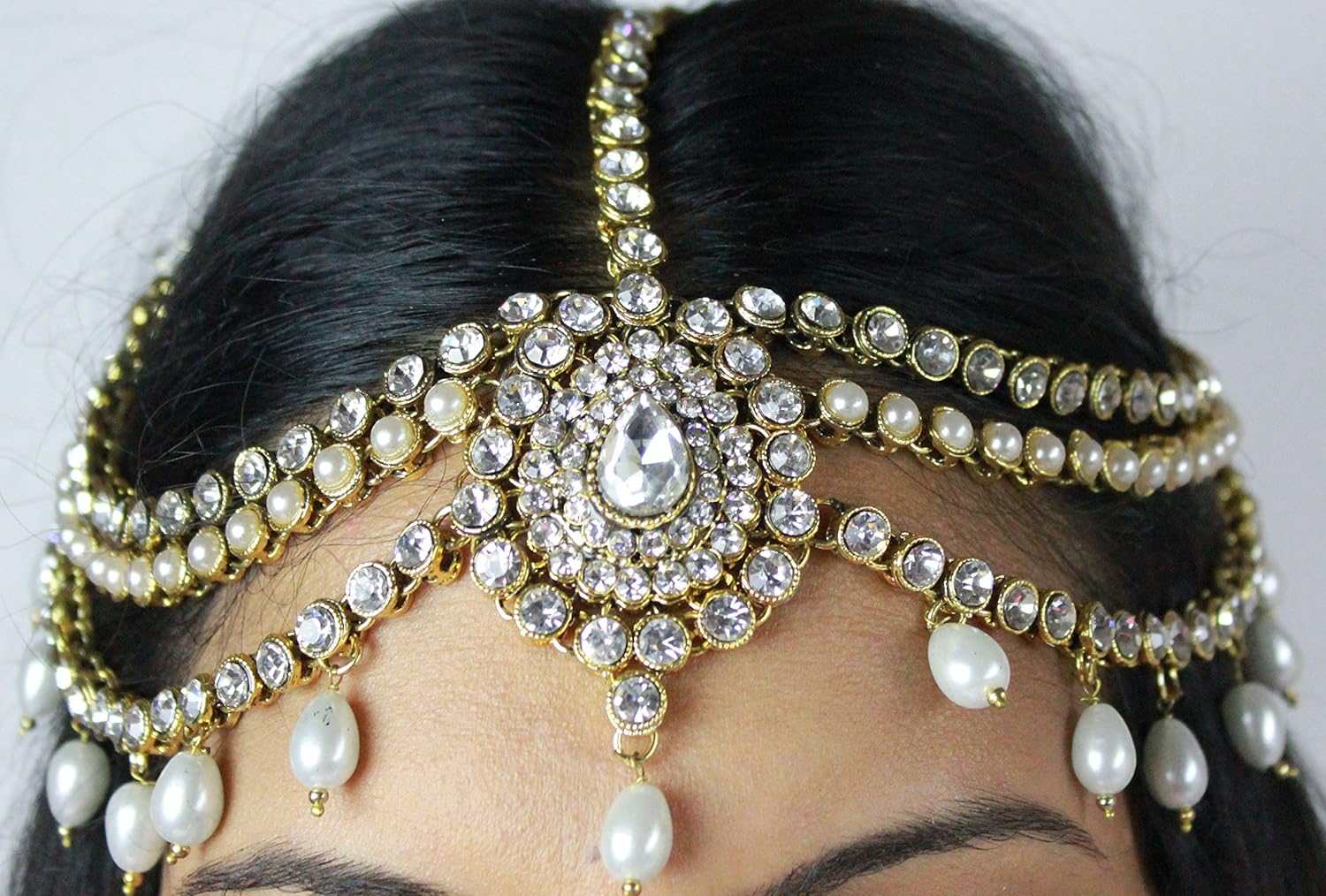 HANDMADE GOLD KUNDAN STONES & PEARL MATHA PATTI INDIAN HEAD CHAIN