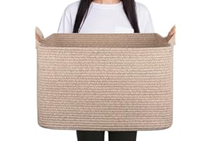 OIASKET 65L Blanket Basket for Living Room, Storage Basket for Organizing, Toy Basket for Nursery, Woven Cotton Rope Basket for Towels, Pillows, Clothes, 20" x 16" x 12", Brown