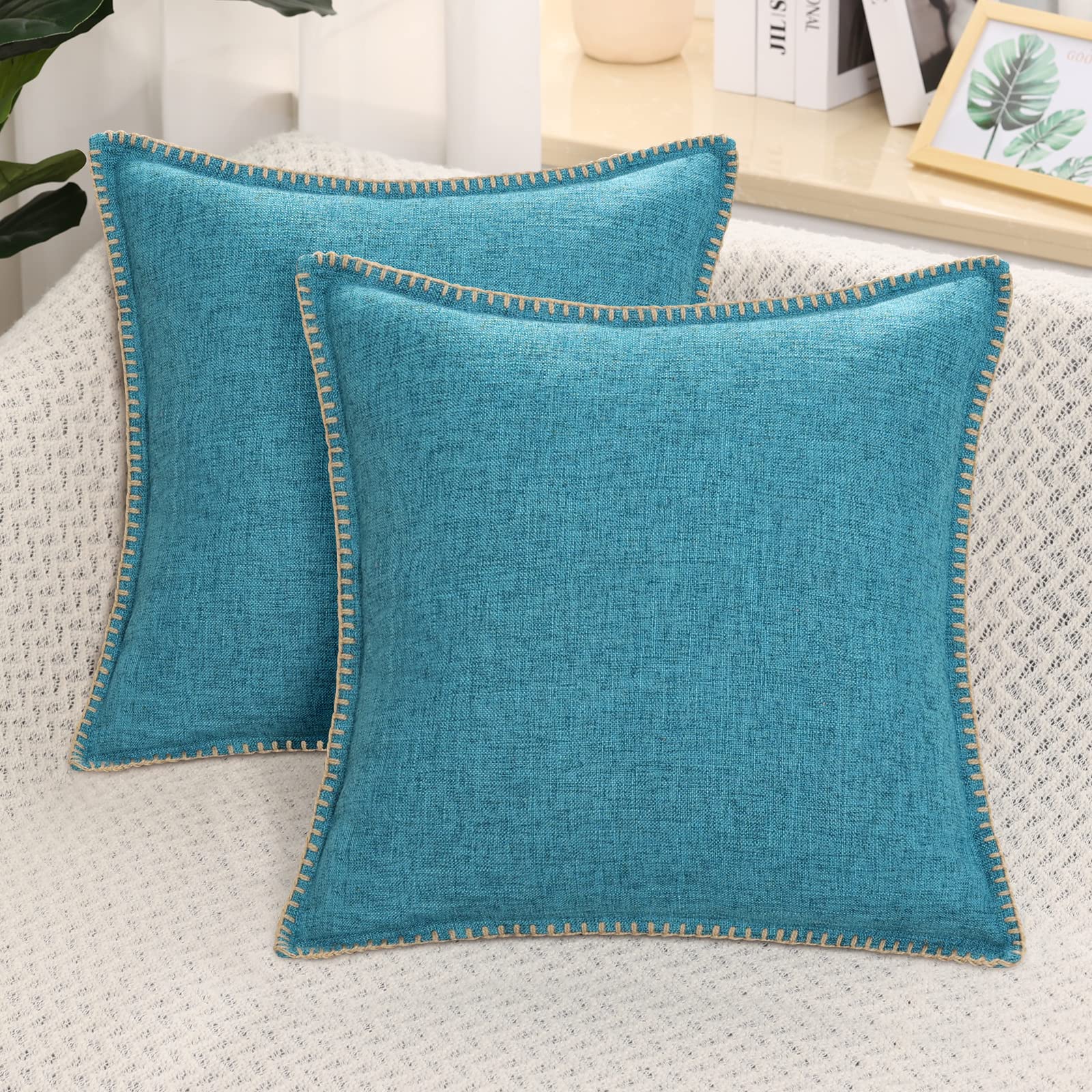 decorUhome Set of 2 Linen Cushion Covers 65X65cm,Decorative Outdoor Plain Vintage Cushion Covers with Stitched Edges, large Square Farmhouse Neutral Pillow case 26x26 Inch for Sofa, Teal