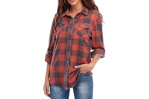 Oyamiki Women Cuffed Long Sleeve Boyfriend Button Down Plaid Flannel Shirt S-XXL