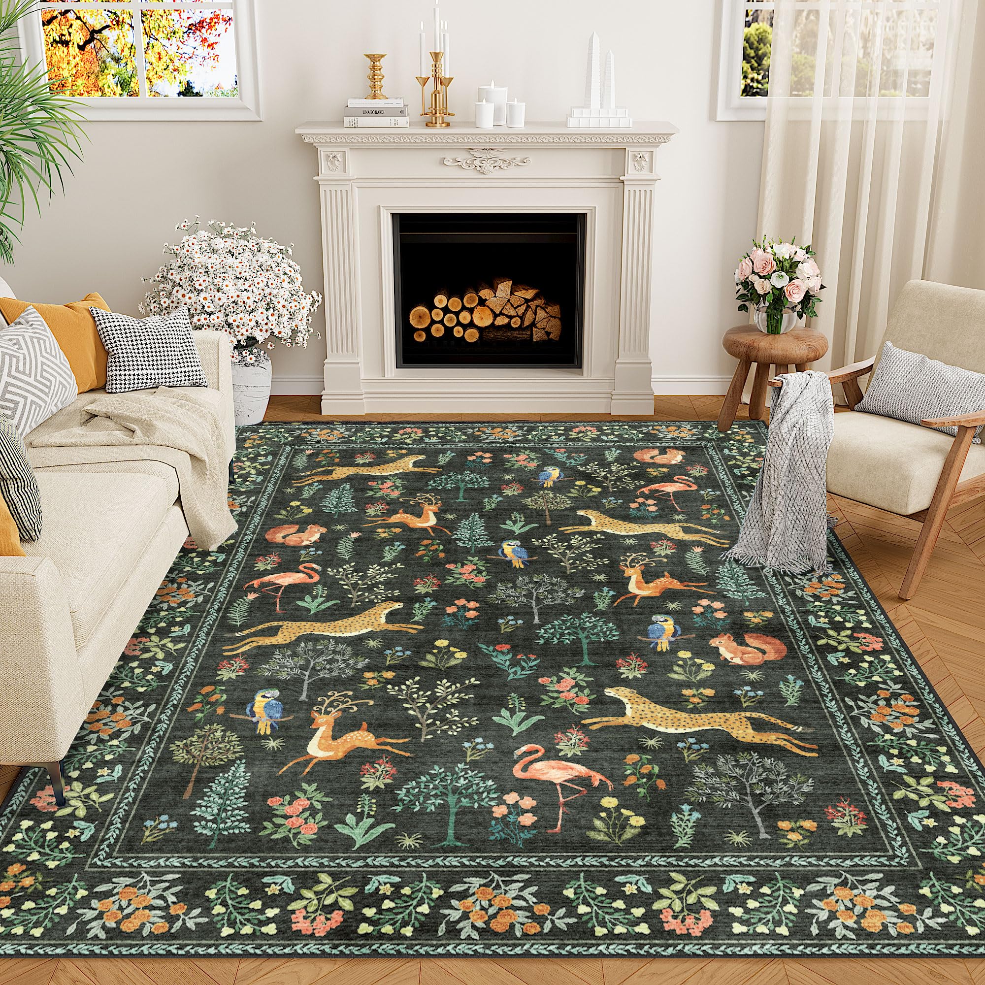 DUKINO 5x7 Rug, Washable Animal Living Room Rug with Non Slip Vintage Design, Soft Low Pile Large Carpet for Bedroom, Nursery, Dining Room, Farmhouse, Playroom, Black Image