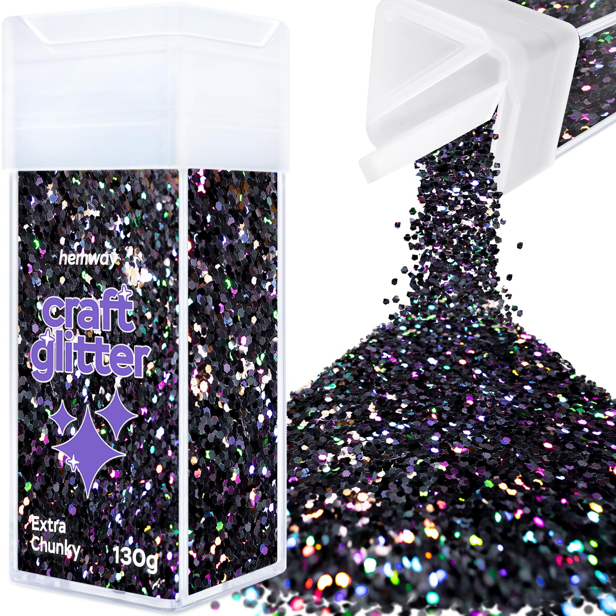 Hemway Glitter Shaker Black Holographic 110g Extra Chunky, Craft Glitter Shaker for Resin & Epoxy Crafts, Christmas Art Supplies, Nail, Body, Face, Eye, Festival, Crafting, Slime, Sparkle — image 1