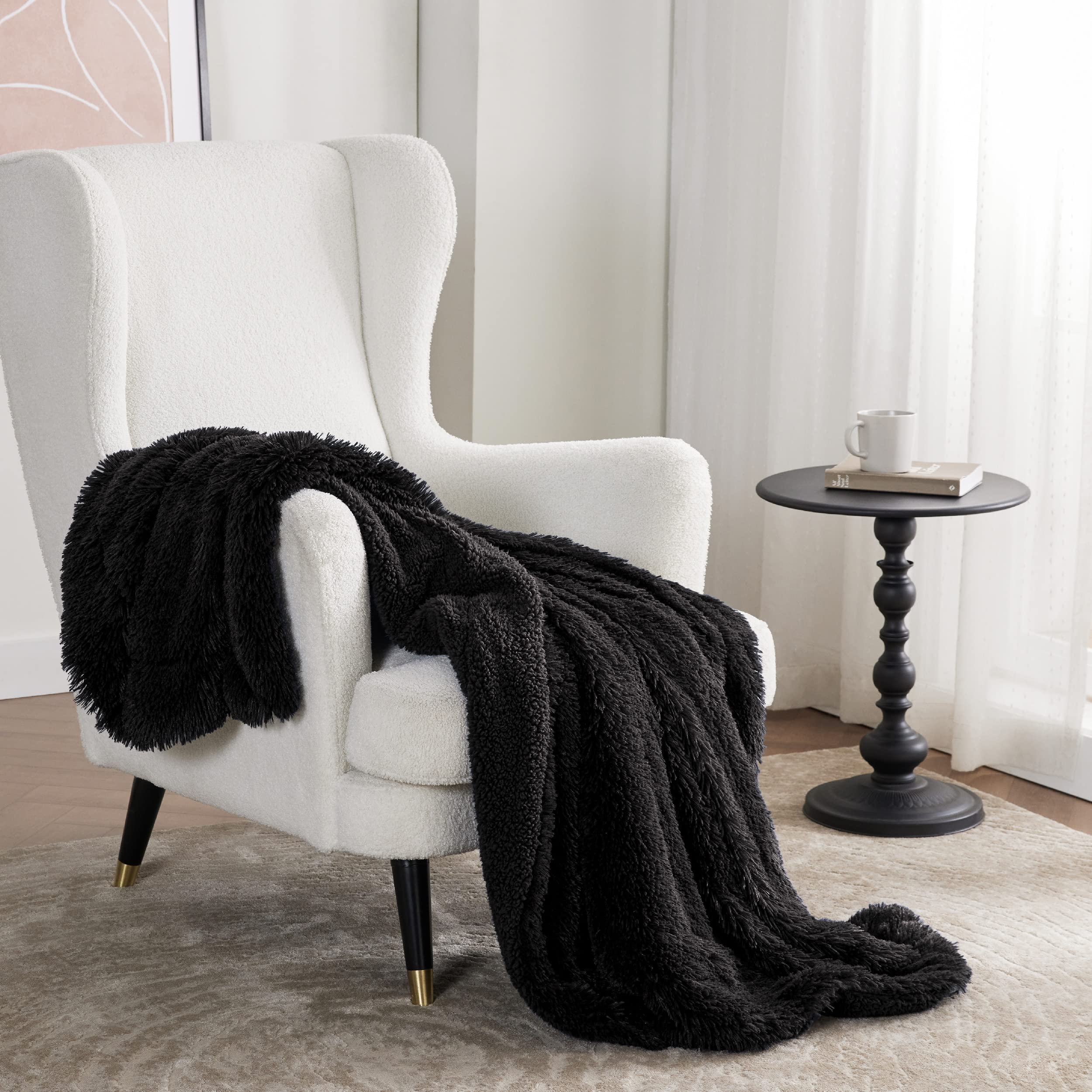 Bedsure Fuzzy Sherpa Faux Fur Twin Blanket Black Cozy Gifts for Women Men, Soft Fleece Plush Warm Minky Thick Blanket Twin Size for Bed, Couch, Room Decor Dorm Essentials Black Decor Gifts, 60x80