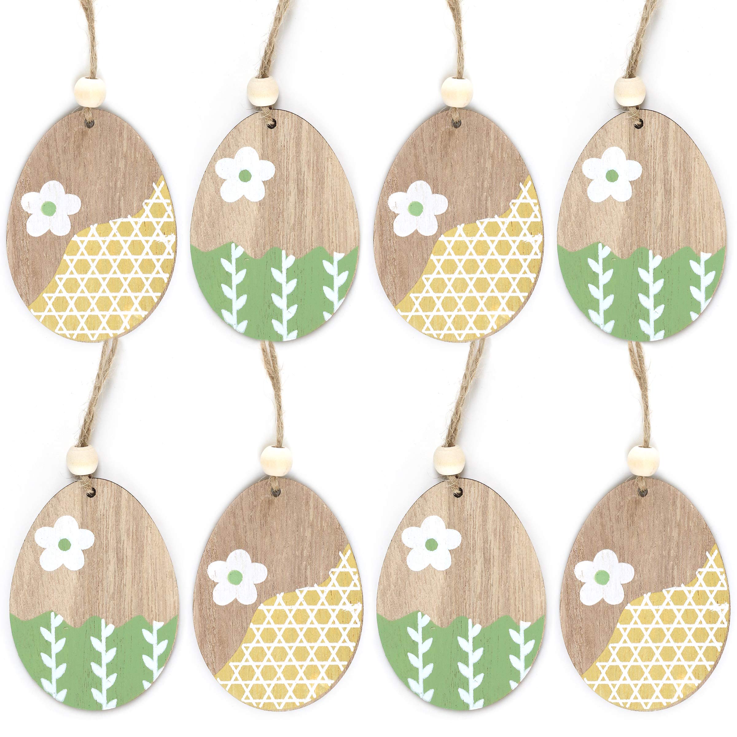 By Robelli 8pc Easter Bonnet Wooden Shabby Chic Hanging Decoration Sets - Fun Chick, Bunny, Rabbit, Egg Designs (8pc Natural Layer Flower Eggs (80mm))