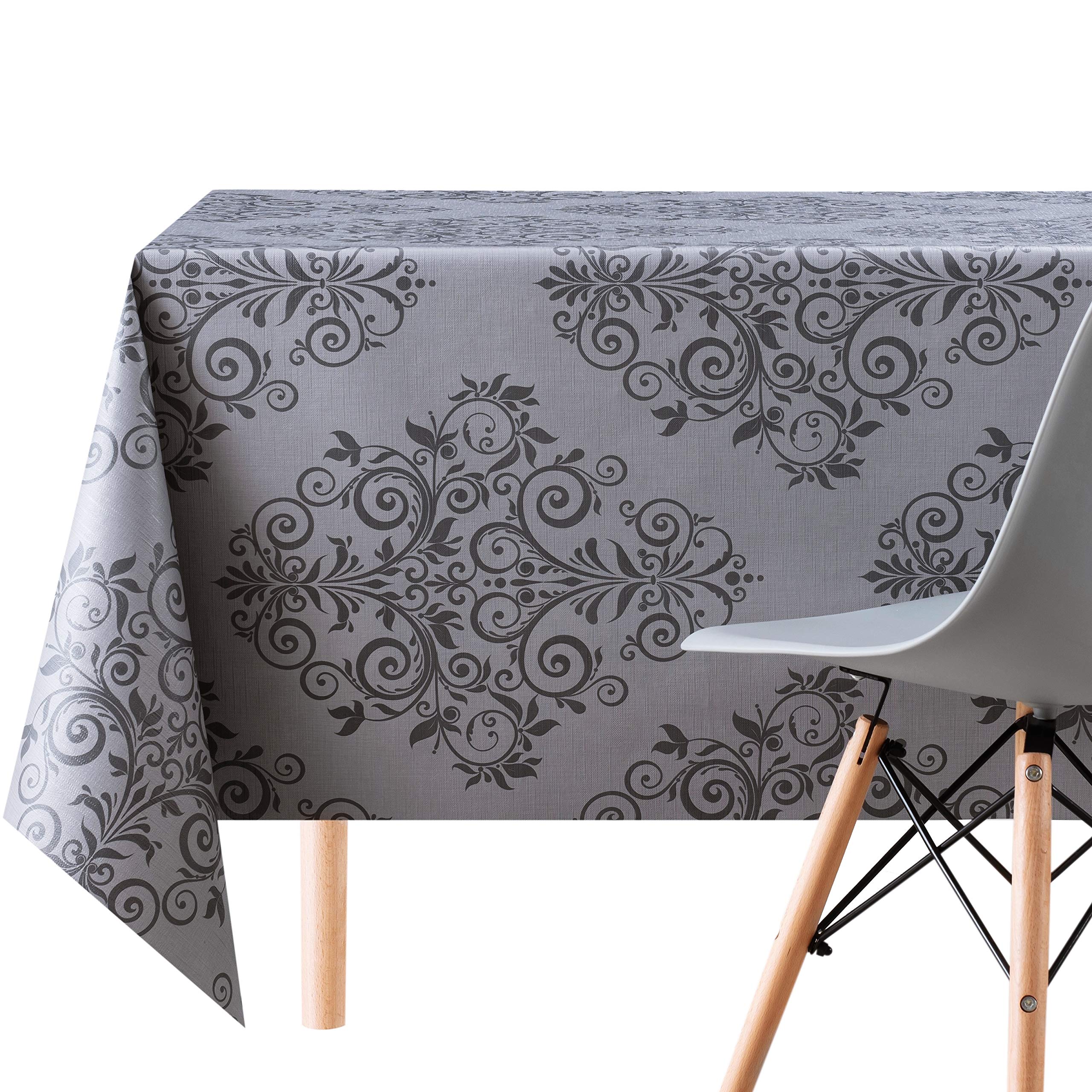 KP HOME Tendril Dark Grey Baroque PVC Wipe Clean Oilcloth Tablecloth - Square 140 x 140 cm - Orient Embossed Design, Thick - Easy Care Wipeable Vinyl Plastic Table Cloth โ image 1