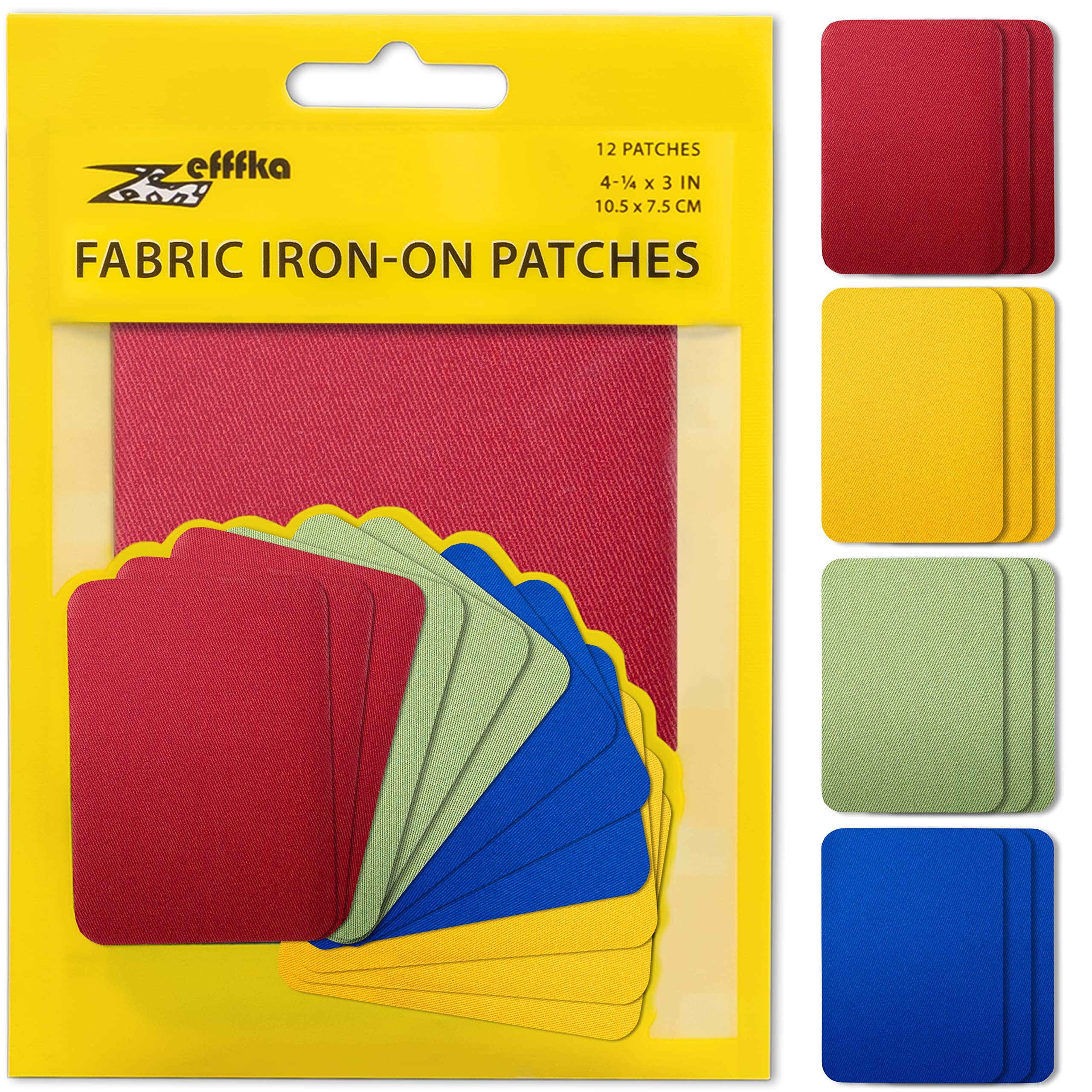 ZEFFFKA Fabric Iron-on Patches Inside & Outside Strongest Glue 100% Cotton Red Green Blue Brown Repair Decorating Kit 12 Pieces Size 3" by 4-1/4" (7.5 cm x 10.5 cm)