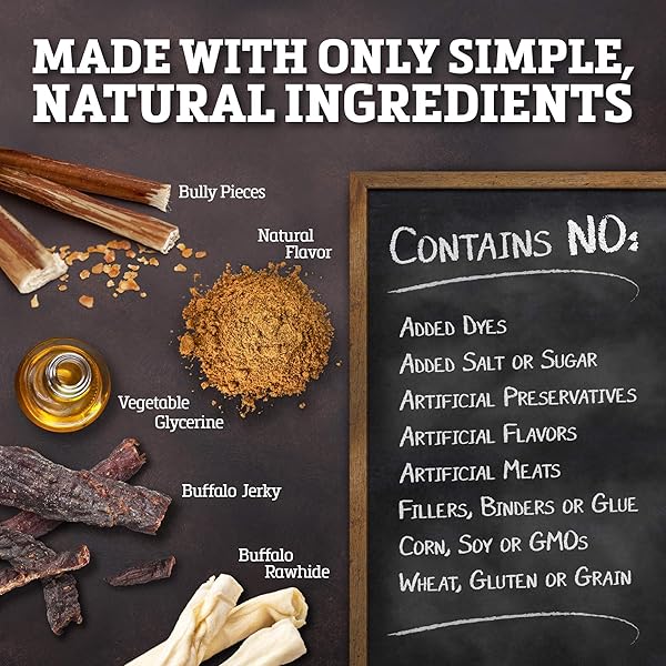 BUFFALO RANGE RAWHIDE DOG TREATS | HEALTHY, GRASS-FED BUFFALO JERKY RAW HIDE CHEWS | HICKORY SMOKED FLAVOR | JERKY KABOB WITH BULLYPIECE | 12 COUNT