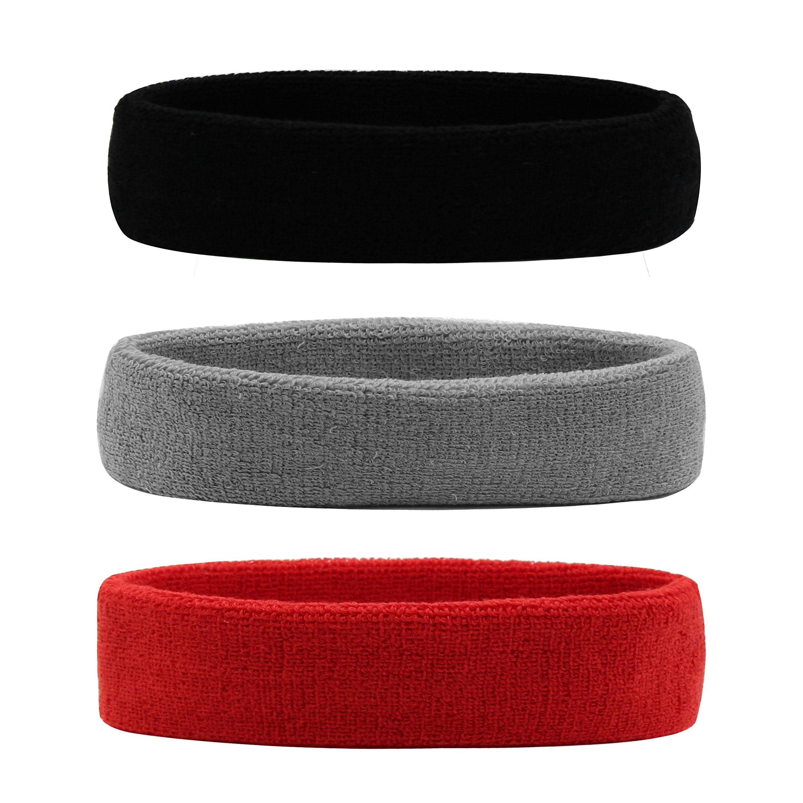 Hanerdun sports headband, women men sweatbands, cotton terry, for running, biking, jogging, tennis, football (3PC(BLACK+GRAY+RED))