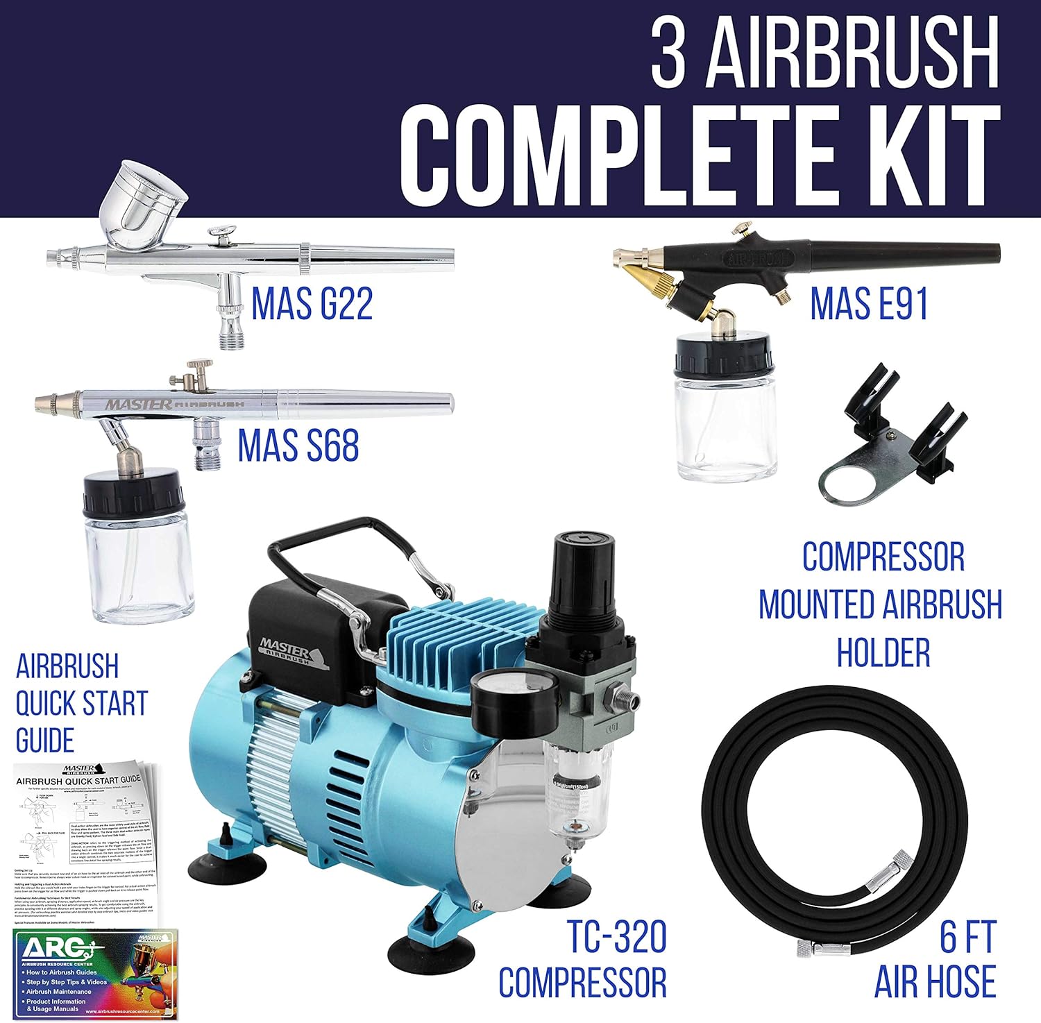 Master Airbrush Cool Runner II Dual Fan Air Compressor Professional Airbrushing System Kit with 3 Airbrush Sets, 0.3 mm Gravity & 0.35, 0.8 mm Siphon Feed - Hose Holder, How To Airbrush Learning Guide: Home & Kitchen