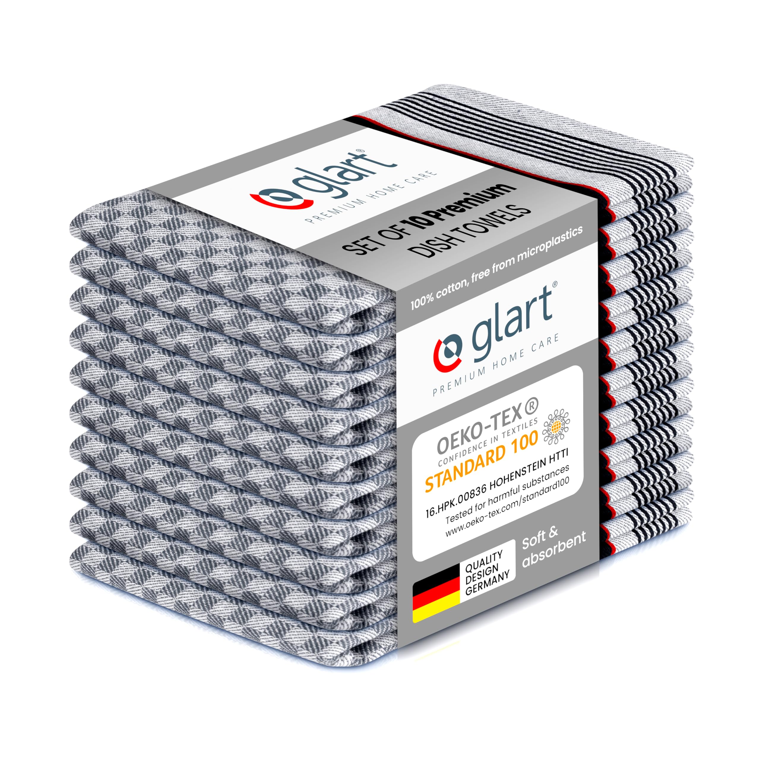 Glart 48GS Set of 10 Kitchen Towels 90x45 cm, 100% Cotton, Black, OEKO-TEX Standard 100 Certified, Lint-Free, Washable, Pre-Washed for Kitchen and Dishwashing