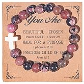 Christian Gifts for Women Men, Healing Natural Stone Cross Beads Stretch Bracelet Catholic Religious Jewelry Gifts Pink Zebra Bracelet Inspirational Gifts for Women Men Teen Girls,Birthday Gifts,Mothers Day,Easter Jewelry Gifts