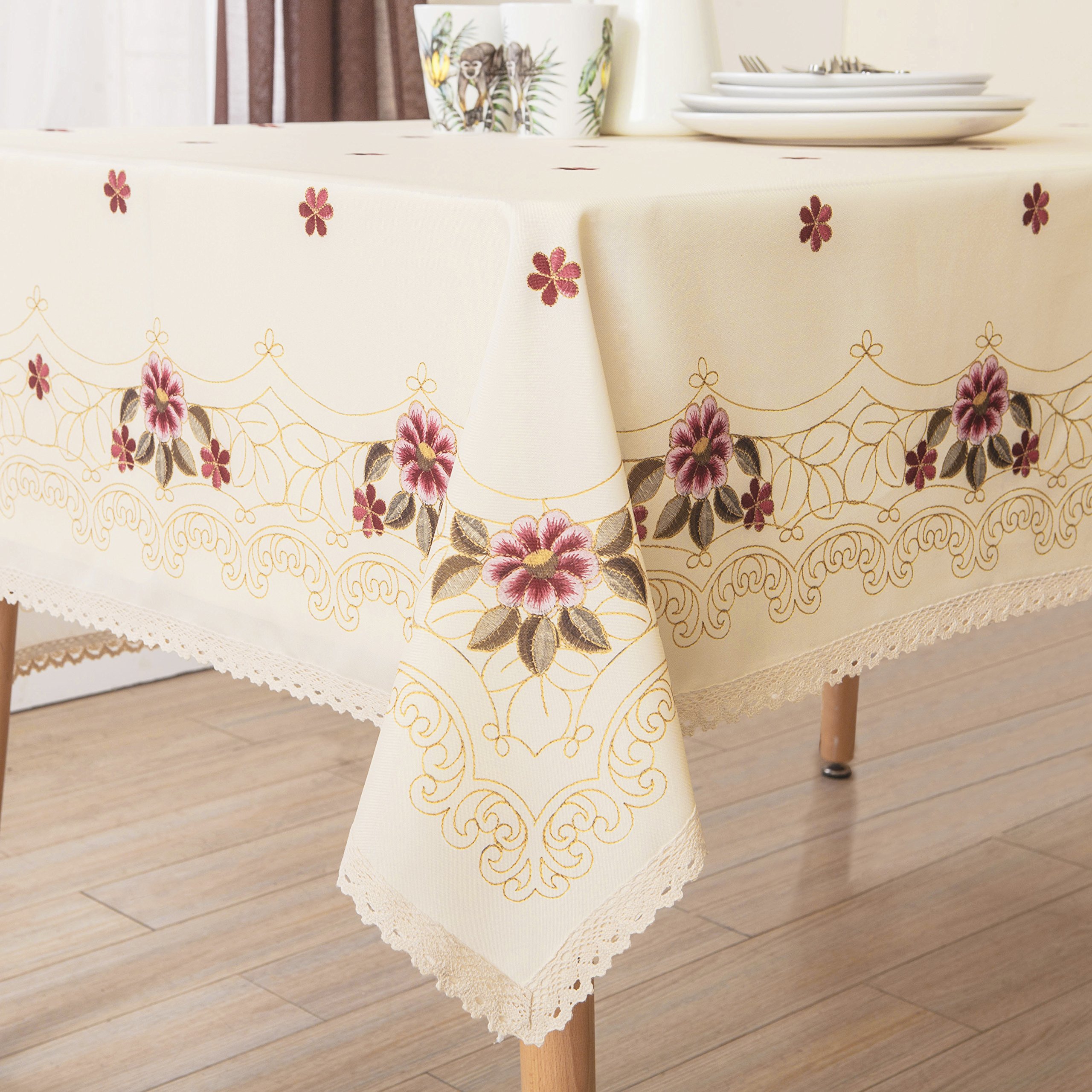 Photo 1 of Wewoch Decorative Red Floral Print Lace Water Resistant Tablecloth Wrinkle Free and Stain Resistant Fabric Tablecloths for Kitchen Room 60 Inch by 104 Inch