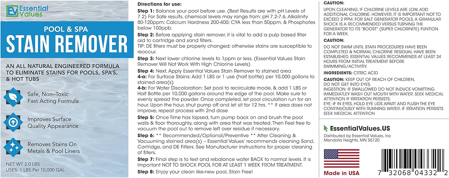 Essential Values Swimming Pool & Spa Stain Remover (2 LBS) - Natural & Safe, Works Best for Vinyl Liners, Fiberglass, Metals – Removes Rust & Other Tough Stains Without The Use of Harsh Chemicals : Garden & Outdoor