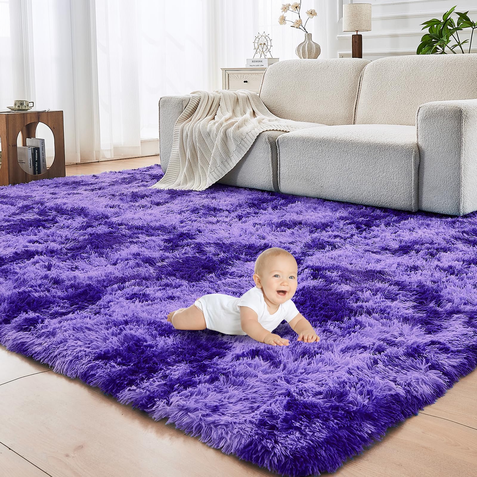 OPPODREAM Area Rug 6x9 for Living Room, Ultra Soft Nursery Rugs for Bedrooms, 6 x 9 Fluffy Kids Carpet with 0.4" Thick Non-Slip Backing, Long Pile Shag Carpet, Fuzzy, Shaggy, Tie-dye Purple & Blue Image