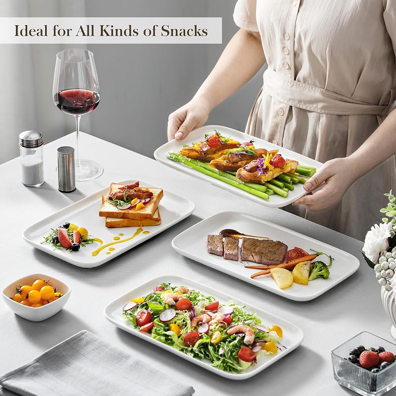 Assiettes Rectangulaires en Porcelaine, 4 Grandes Assiettes à Dessert Rectangulaire 30.7 x 18.5 cm, Plateau Aperitif Blanches en Céramique pour Repas Dîner Salon Dessert Sushis, Série Plat — photo 3 sur 7