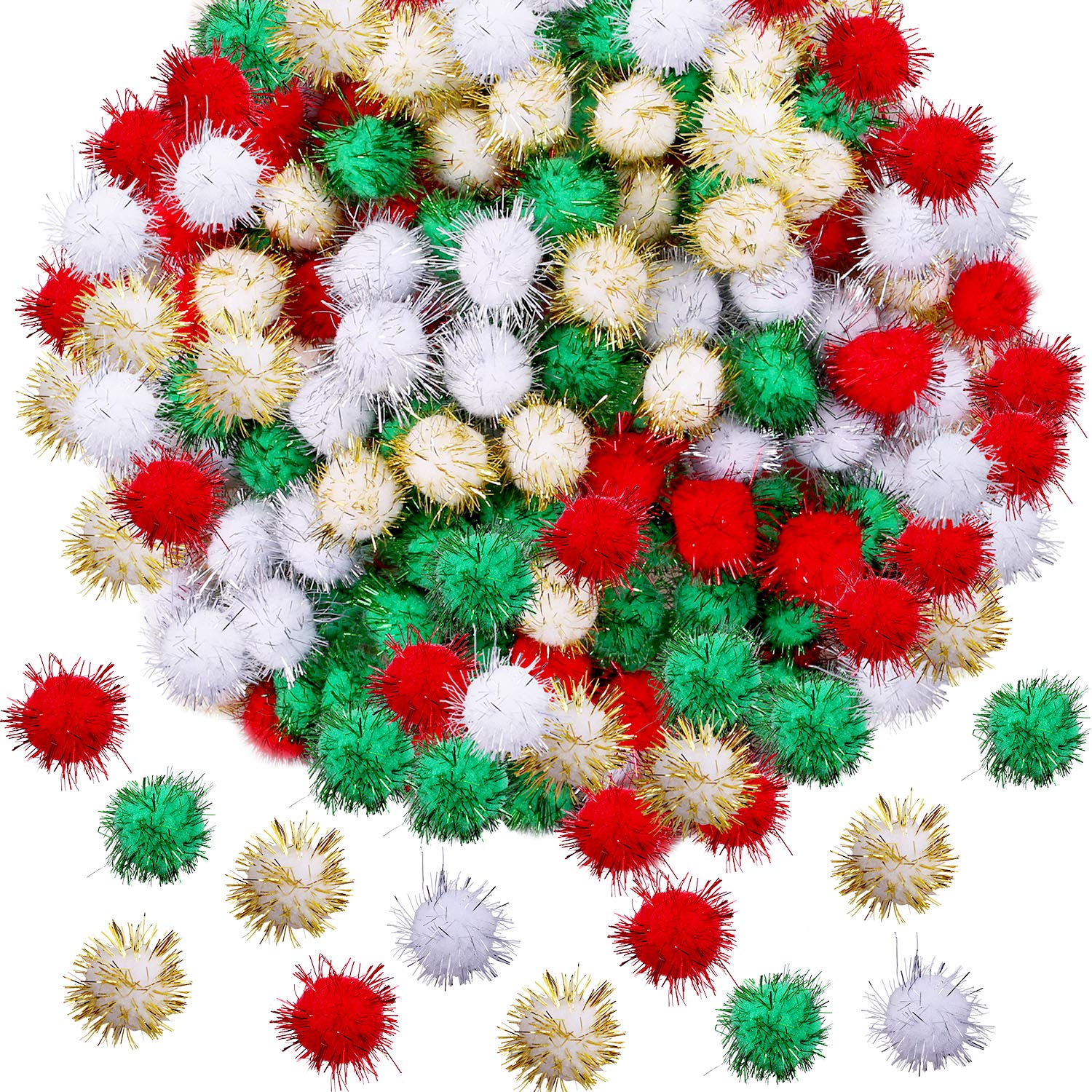Cooraby 200 Pieces Glitter Christmas Pom Poms Assorted Colors Sparkle Pom Poms Balls for Arts Crafts Supplies