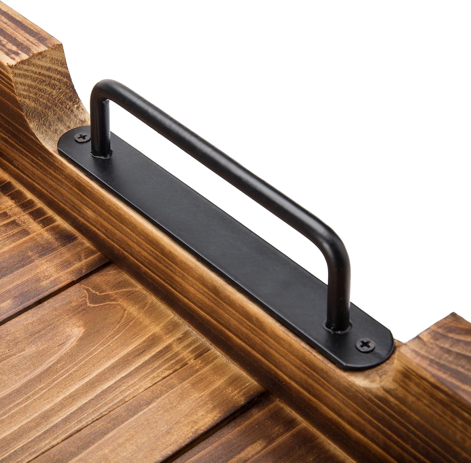 Rustic Burnt Wood 20-Inch Serving Tray with Modern Black Metal Handles: Home & Kitchen