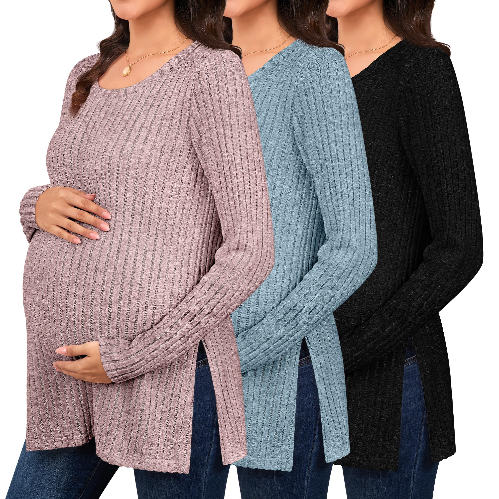 Photo 1 of Ficerd 3 Pack Women's Maternity Shirts, Ribbed Long Sleeve Pregnancy Sweaters Knit Scoop Neck Slit Side Pregnant Tops Sweater(Black, Sky Blue, Pink,X-Large)