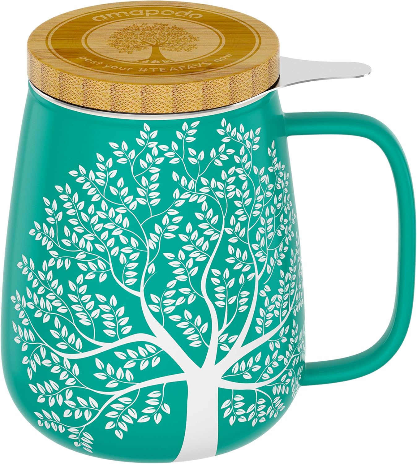 amapodo Teetasse mit Deckel und Sieb 600ml Porzellan Tasse groß, XXL Tassen Set Türkis plastikfrei