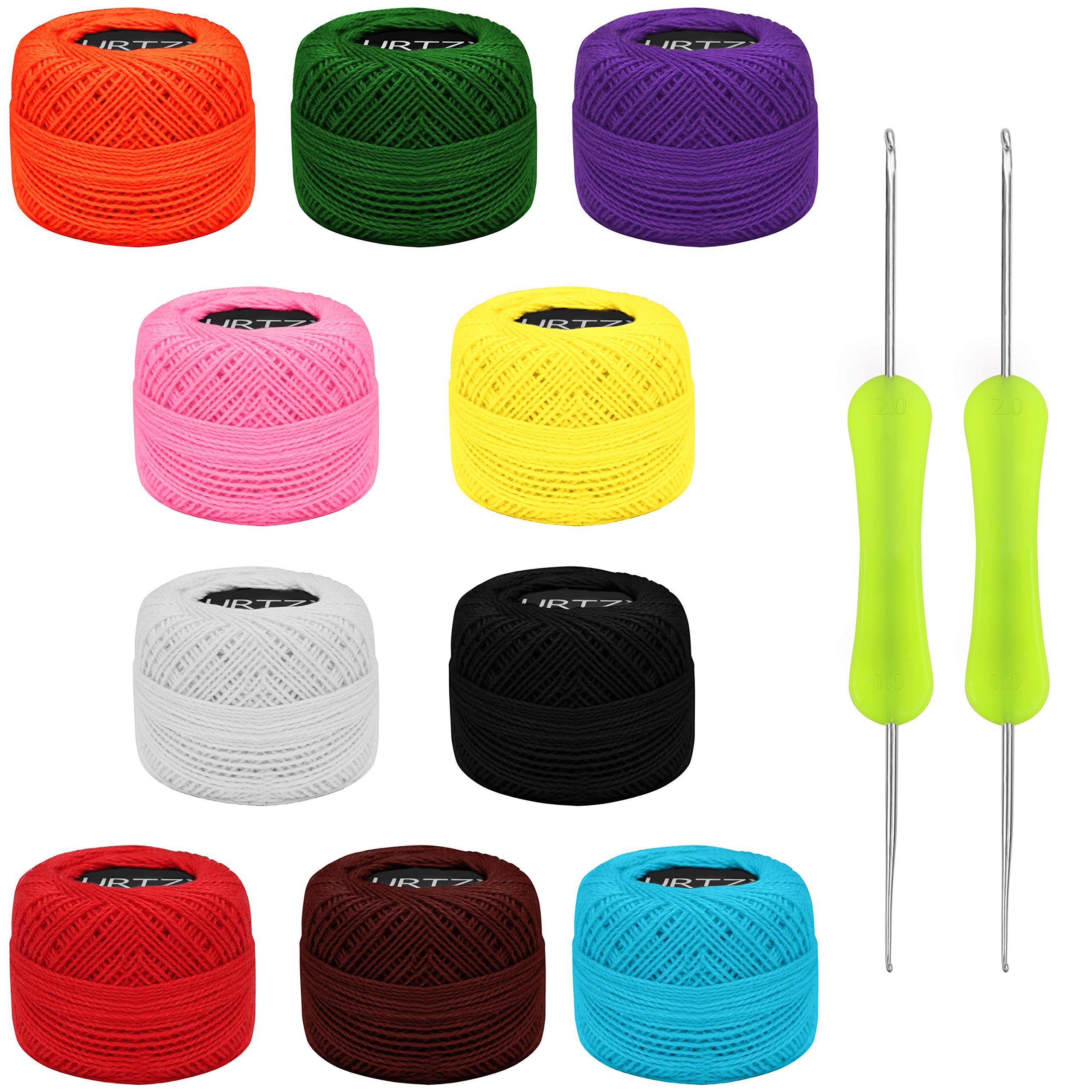 Kurtzy Colourful Crochet Yarn (10 Balls) - 2 Crochet Hooks Included (1mm & 2mm) - Each Thread Ball Weighs (10g/0.35oz) - Total of 600m/656 Yards of Coloured Cotton Yarn