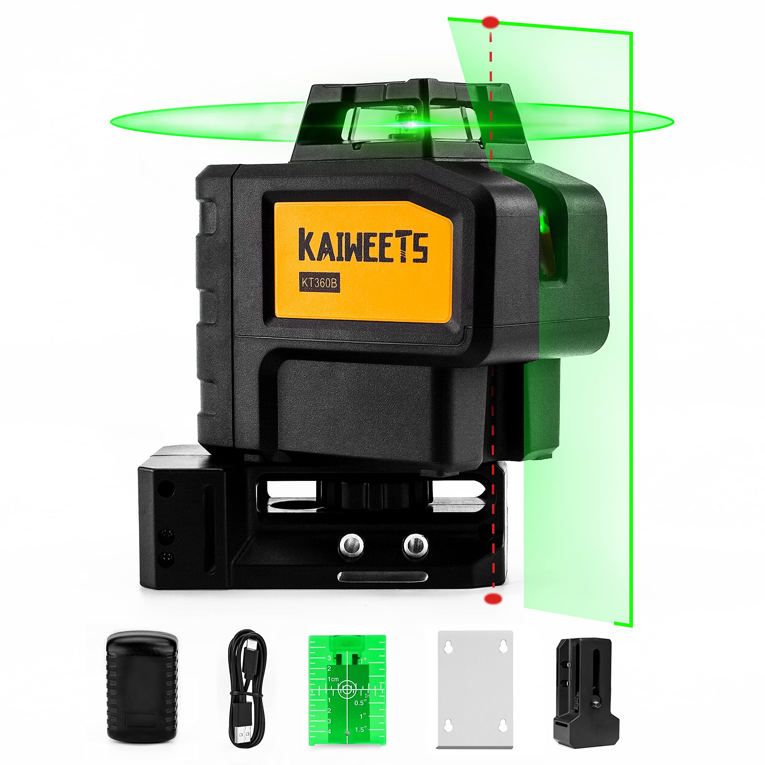 KAIWEETS KT360B 360° Laser Level with Green Beam, 2 Red Plumb Spots, 3D Lines Up to 60M, Self-Levelling & Manual Modes, Magnetic Base