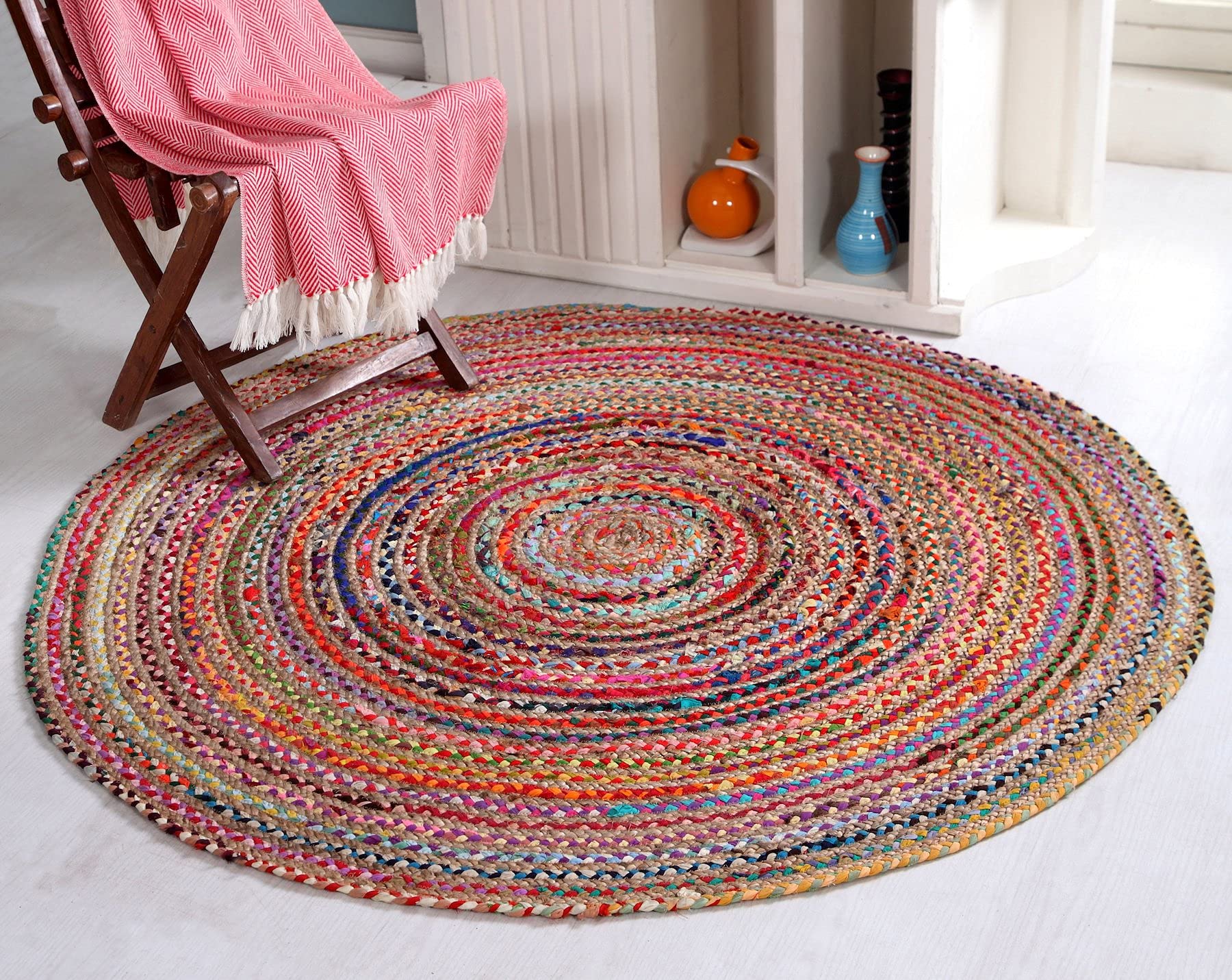 Second Nature Online Mishran Eco Friendly Medium Round Braided Rug Flat Weave with Natural Jute and Multi Colour Recycled Material 120 cm Diameter