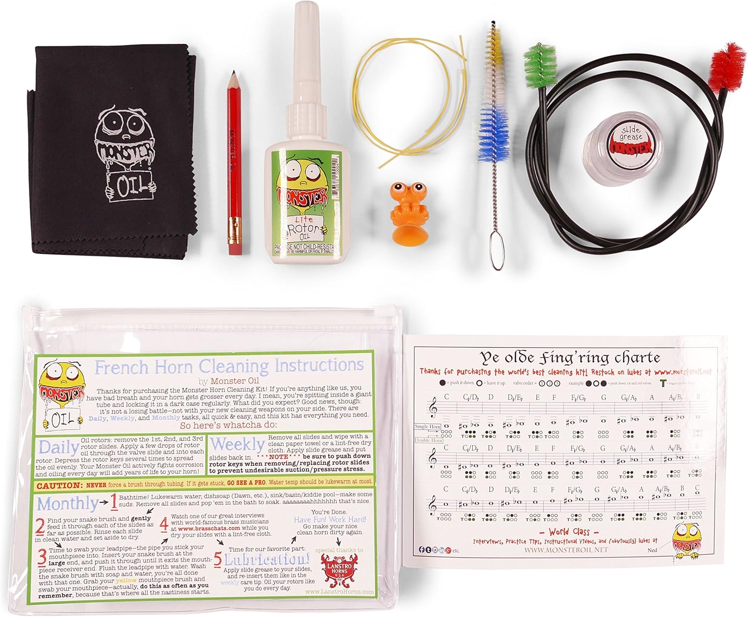 Monster French Horn Care and Cleaning Kit | Rotor Valve Oil w/Easy-To-Use Needle Applicator Tip, Slide Grease, and Cleaning Brushes. Everything You Need to Take Care of Your French Horn: Musical Instruments