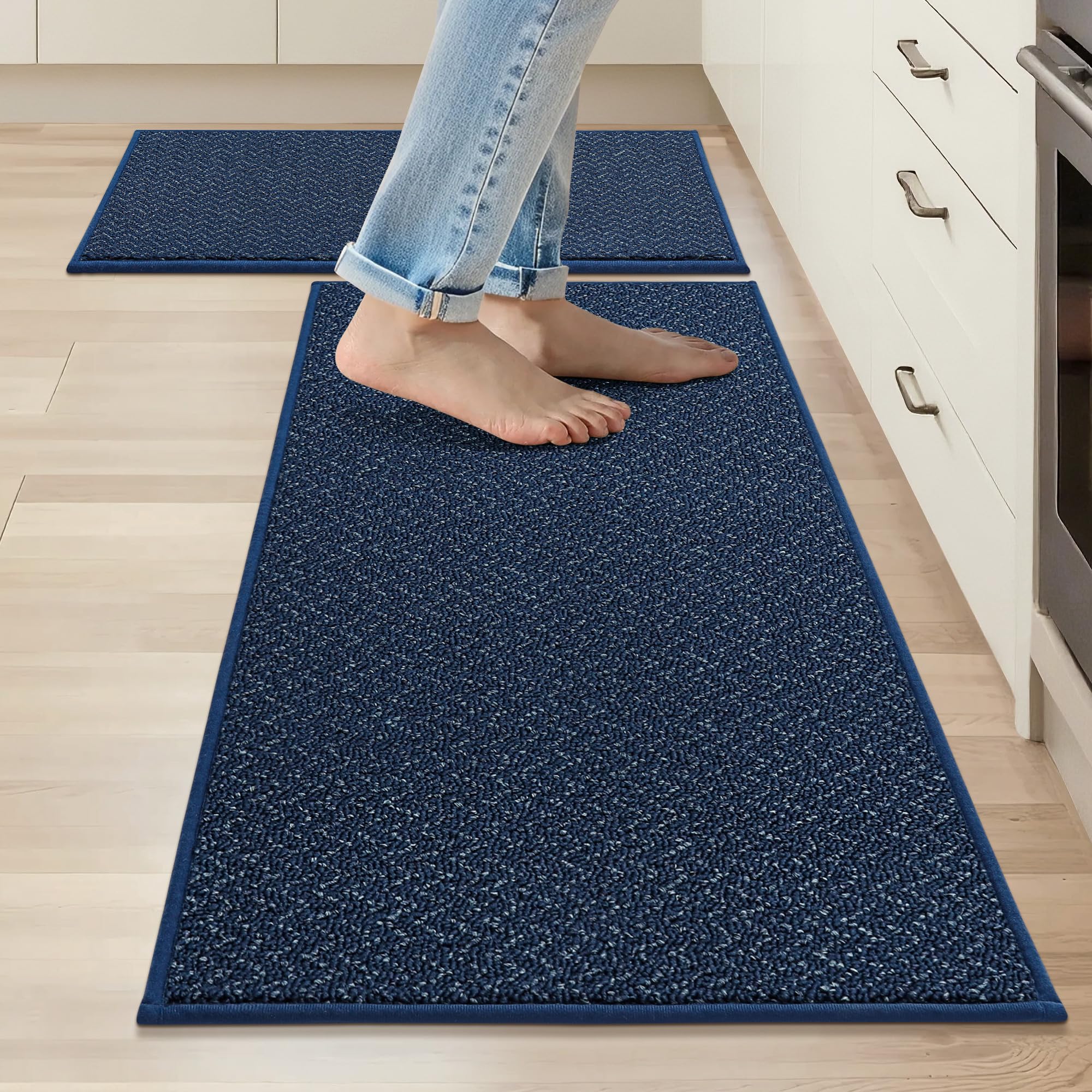 Photo 1 of COSY HOMEER Kitchen Rugs and Mats 2PCS Non Slip Kitchen Mats for Floor Washable Stain Resistant Kitchen Runner Rug Sets Absorbent Kitchen Floor Mat 20"x32"+20"x48",Navy Blue