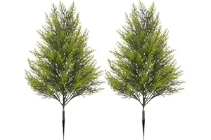 DONODA 19" Artificial Pine and Cypress (2 Pack) - UV Resistant Outdoor Fake Evergreen Plants with Ground Stakes for Stability, Realistic Faux Shrubs for Porch, Garden, Front Door Decor